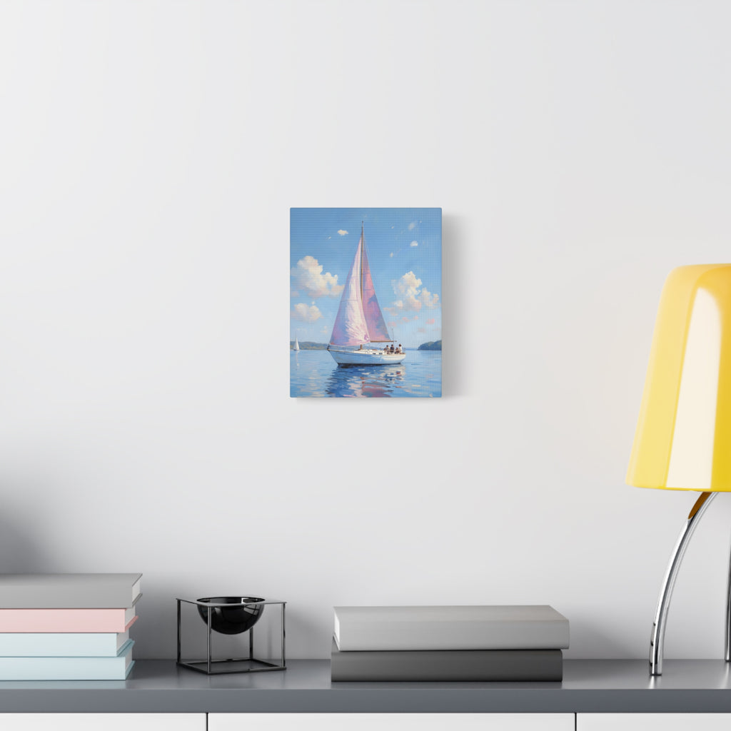 Sailing boat on calm water with pink accents Wall Art - Stretched Canvas