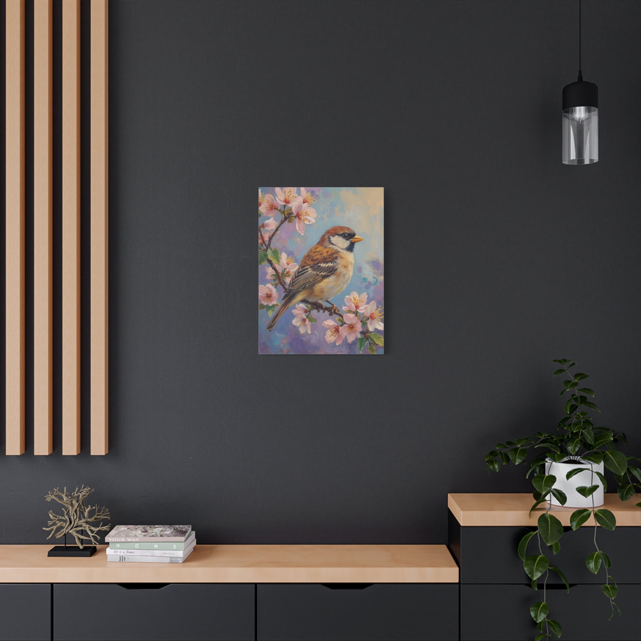 Sparrow on Cherry Blossoms Matte Stretched Canvas