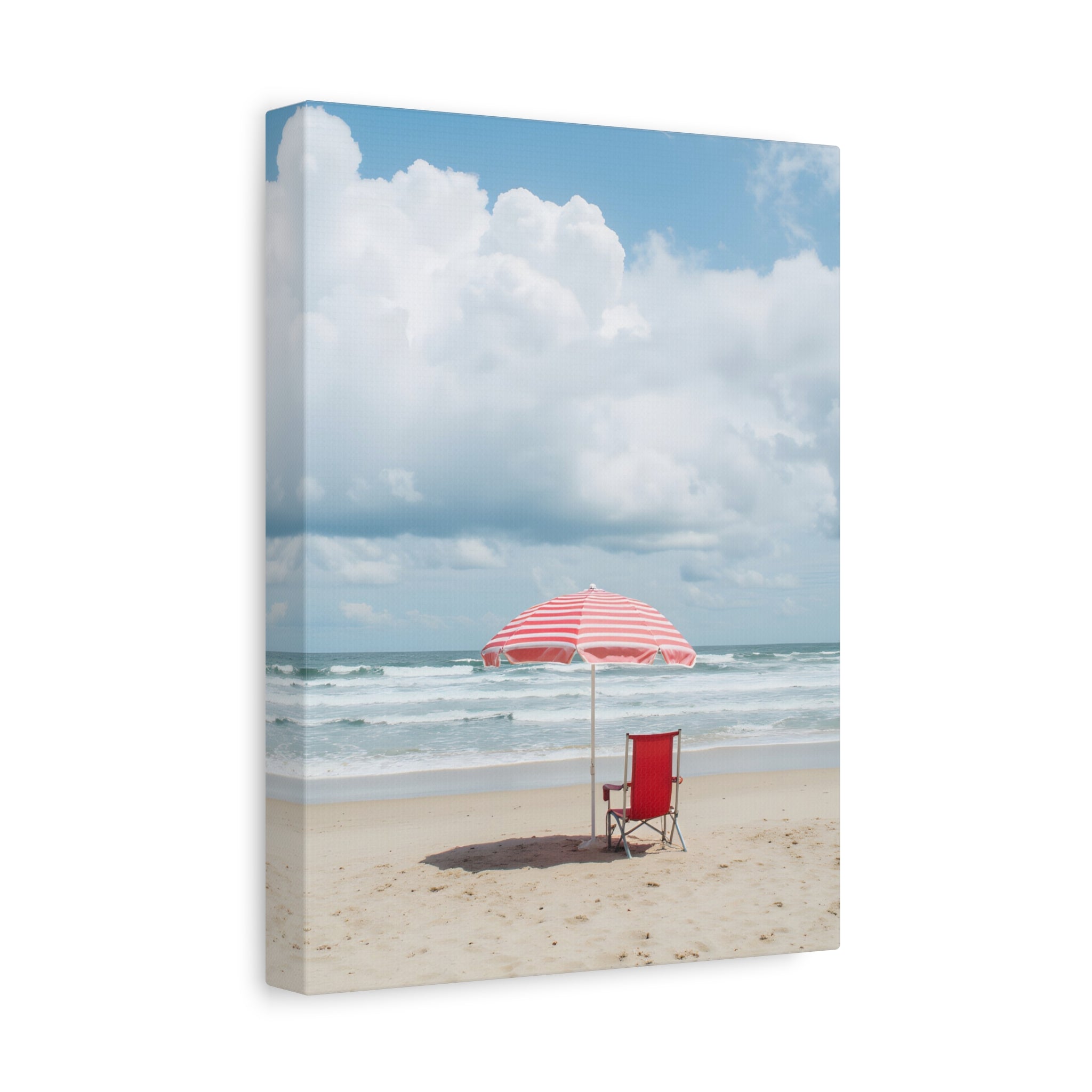 Sun-drenched beach memory with beach chair and umbrella Canvas Wall Art - Stretched Canvas