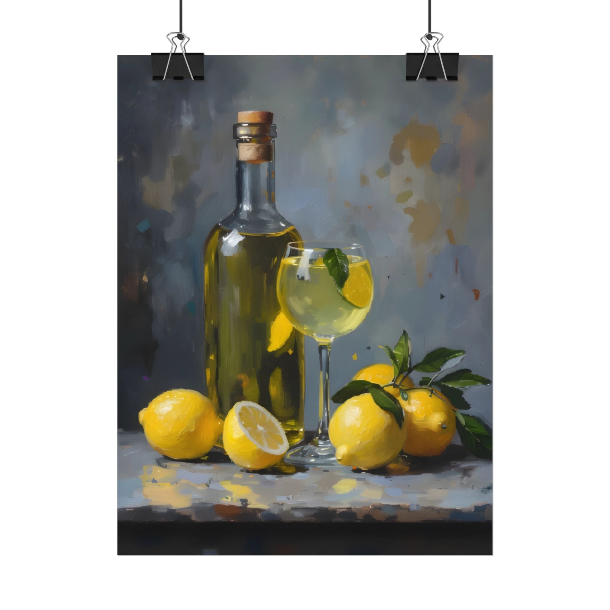 Limoncello met citroenen stilleven opgerolde poster – Citrusfles kunstafdruk