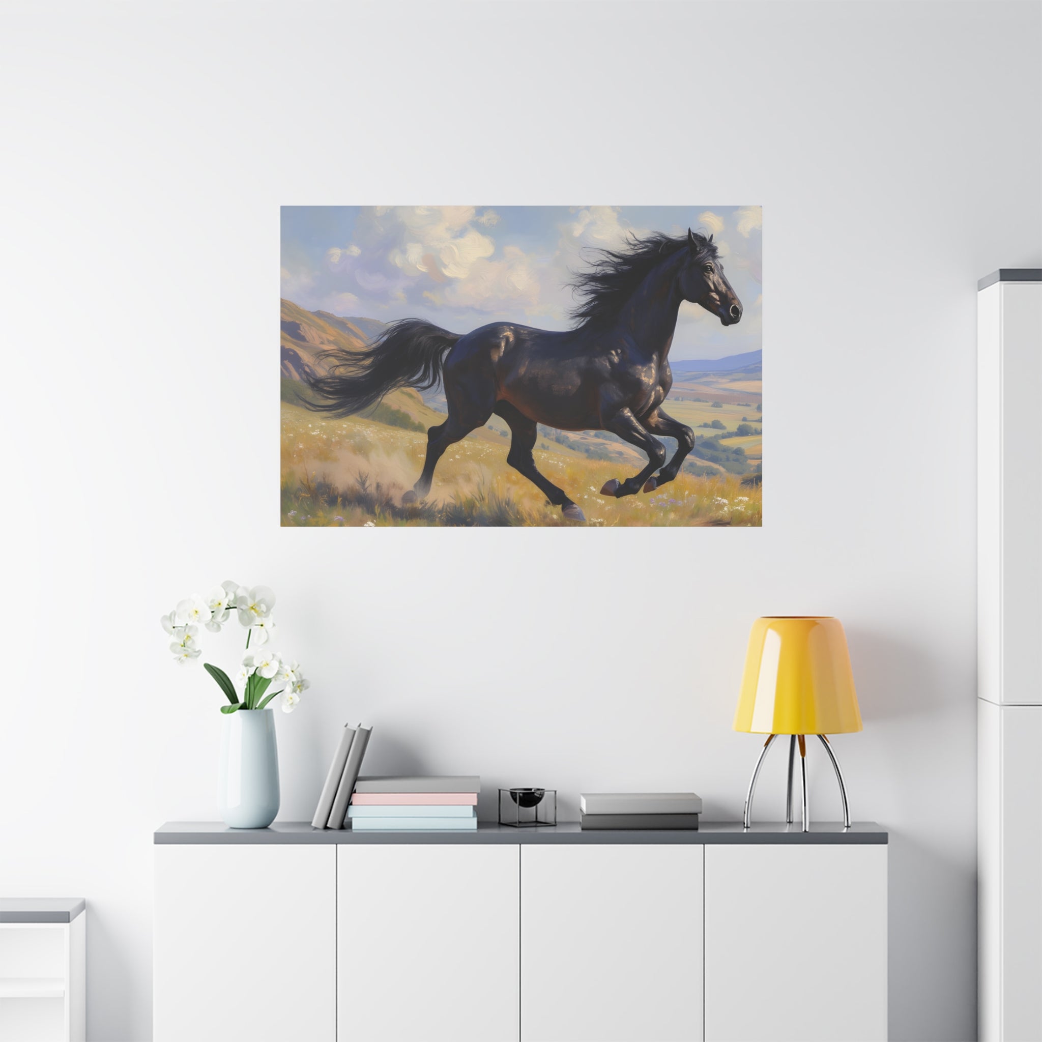 Running Black Stallion Wall Art - Horse Painting - Stretched Canvas