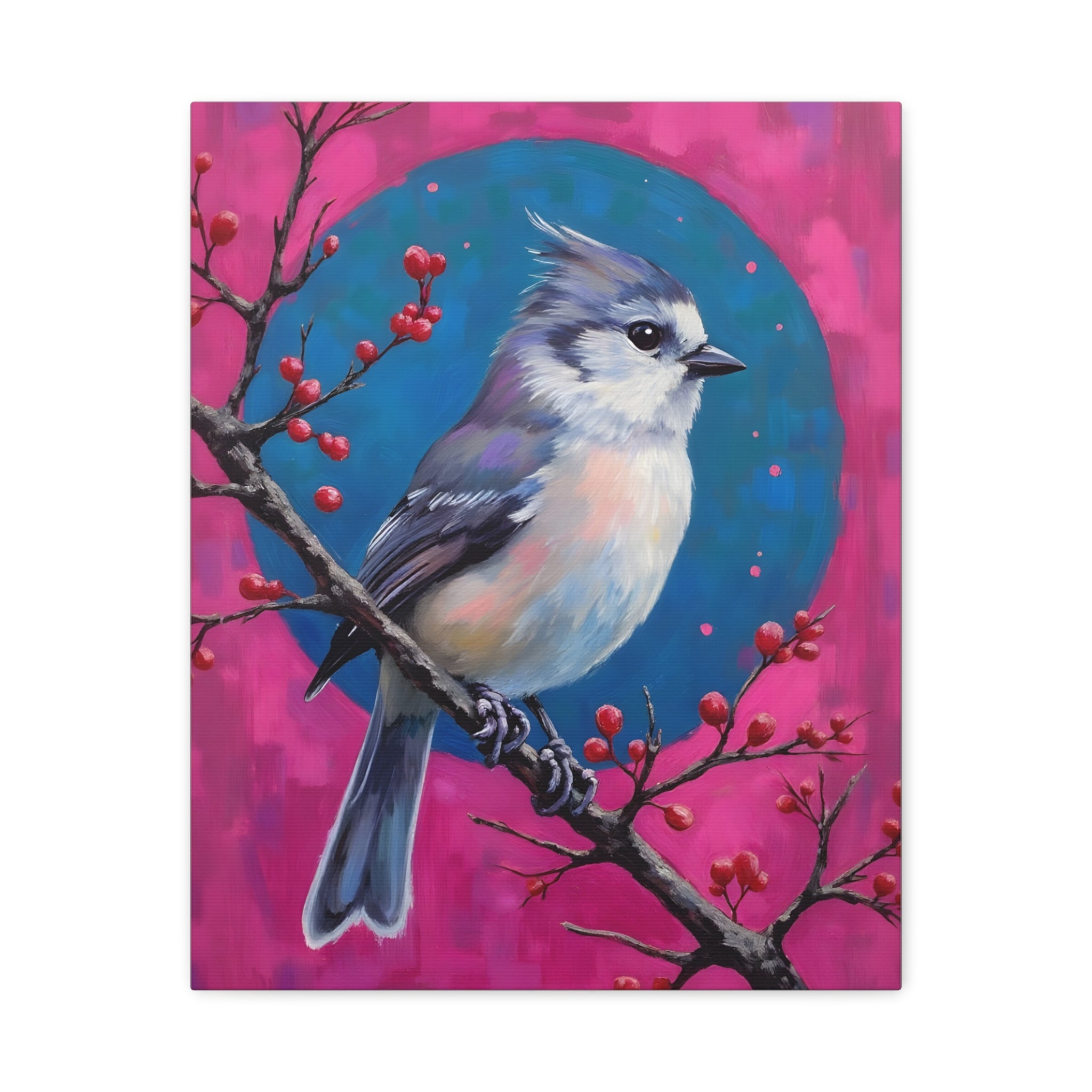 Blue jay on a holly branch Wall Art - Stretched Canvas