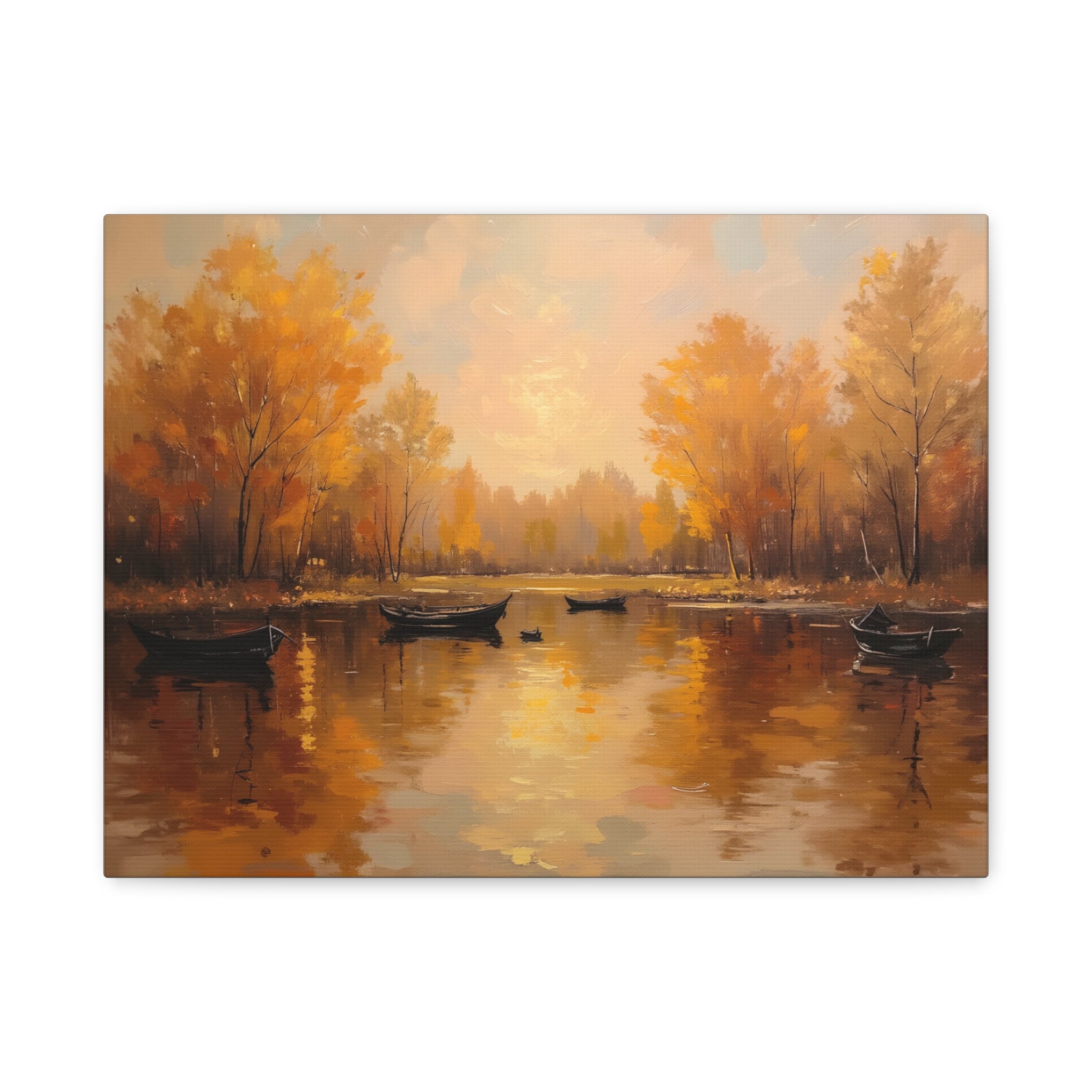 Autumn at the lake with rowboats Wall Art - Stretched Canvas