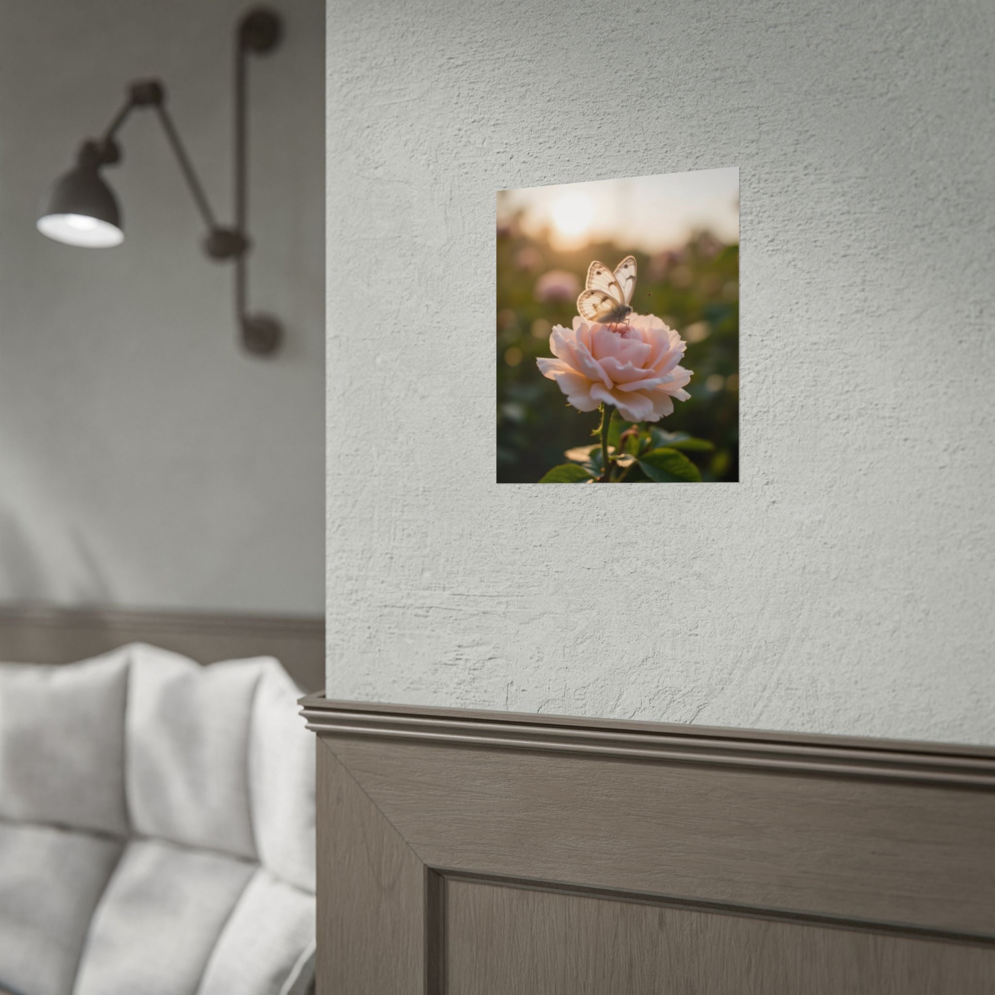 Butterfly on Pink Rose Wall Art - Poster