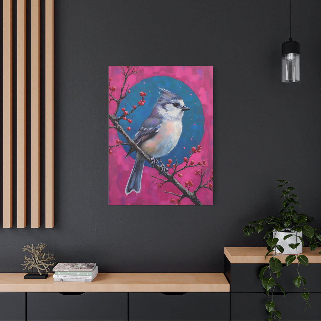 Blue jay on a holly branch Wall Art - Stretched Canvas