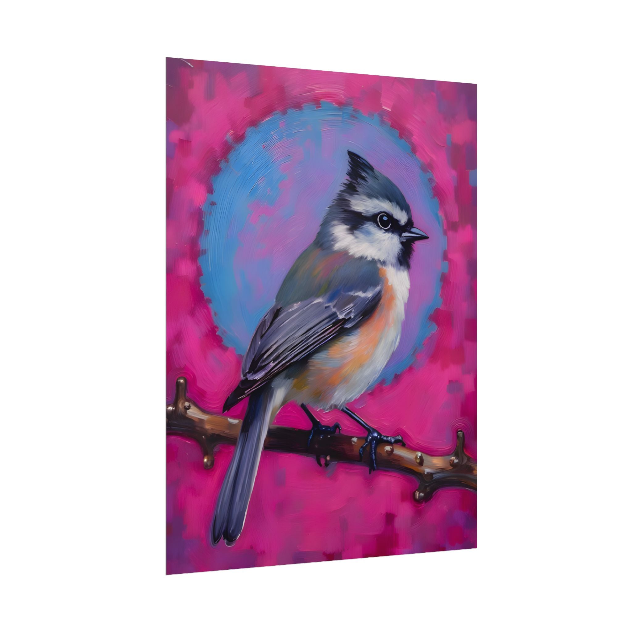 Kleurrijke Zangvogel Poster — Blauwe Gaai Kunstprint op Levendige Roze Achtergrond