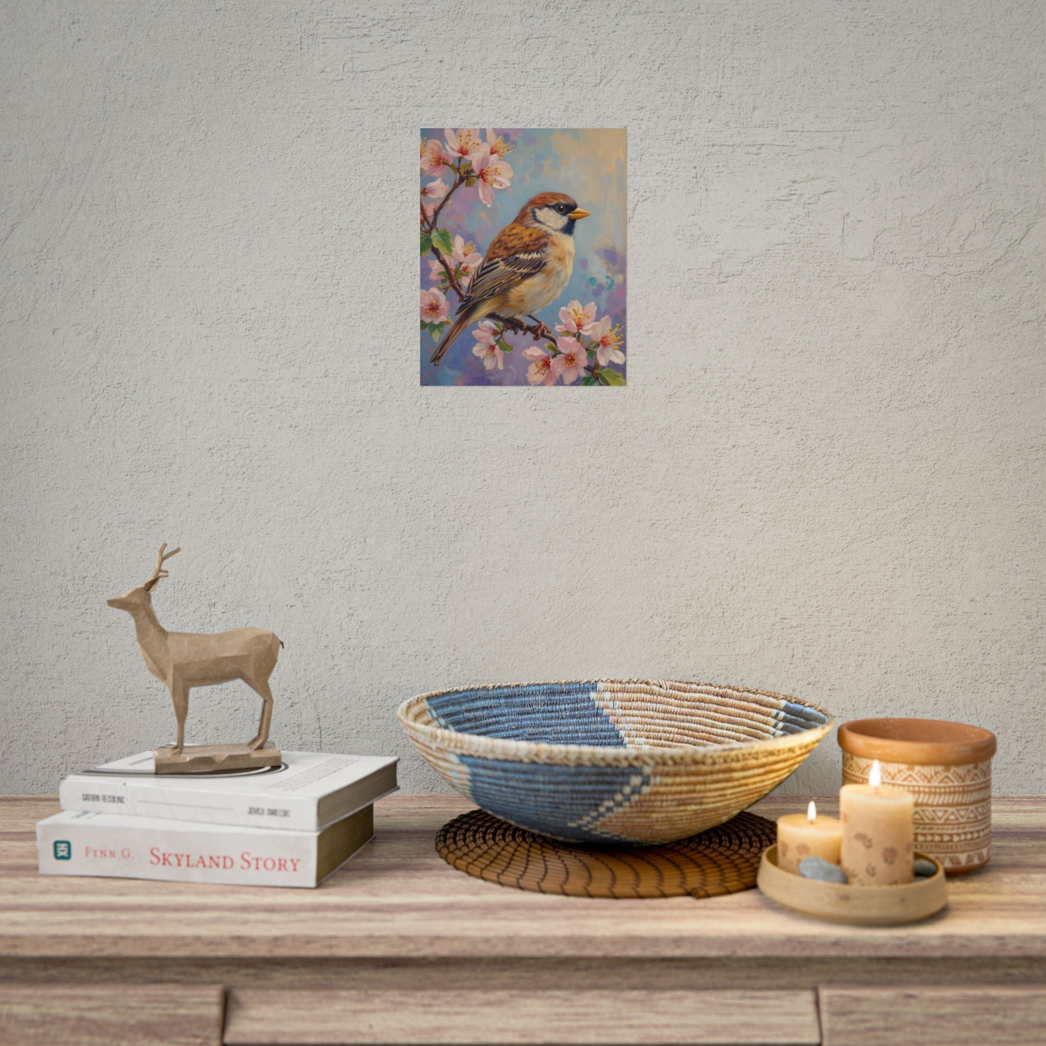 Bird on Blossom Rolled Poster — Spring Sparrow on Branch Wall Art Print