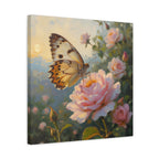 Butterfly on Pink Rose Wall Art - Stretched Canvas