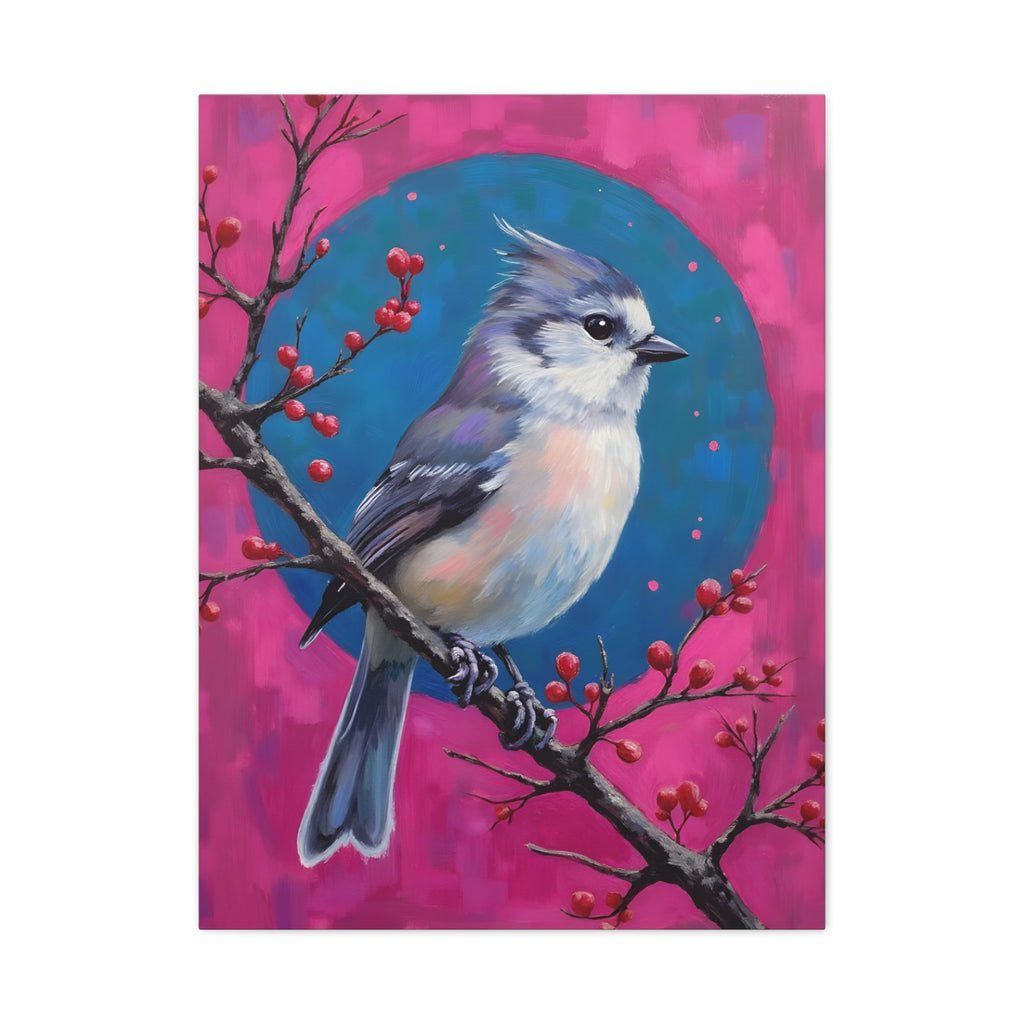 Blue jay on a holly branch Wall Art - Stretched Canvas