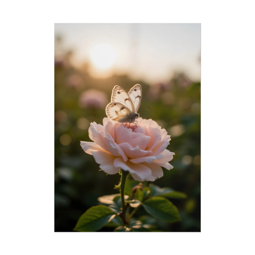 Butterfly on Pink Rose Wall Art - Poster