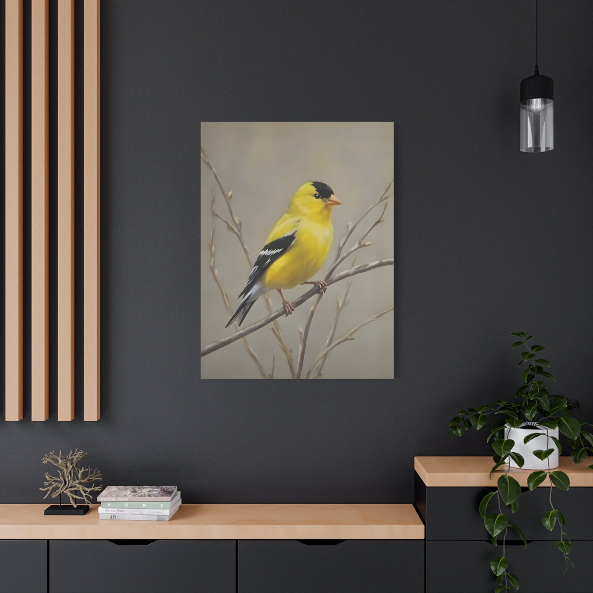 Putter Muurkunst Canvas — Gele Zangvogel Schilderij op Tak, Mat Gespannen Canvas