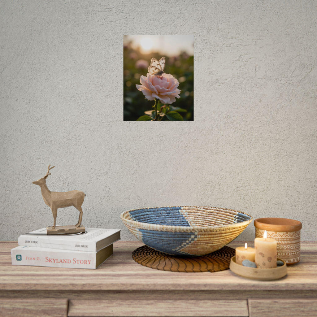 Butterfly on Pink Rose Wall Art - Poster