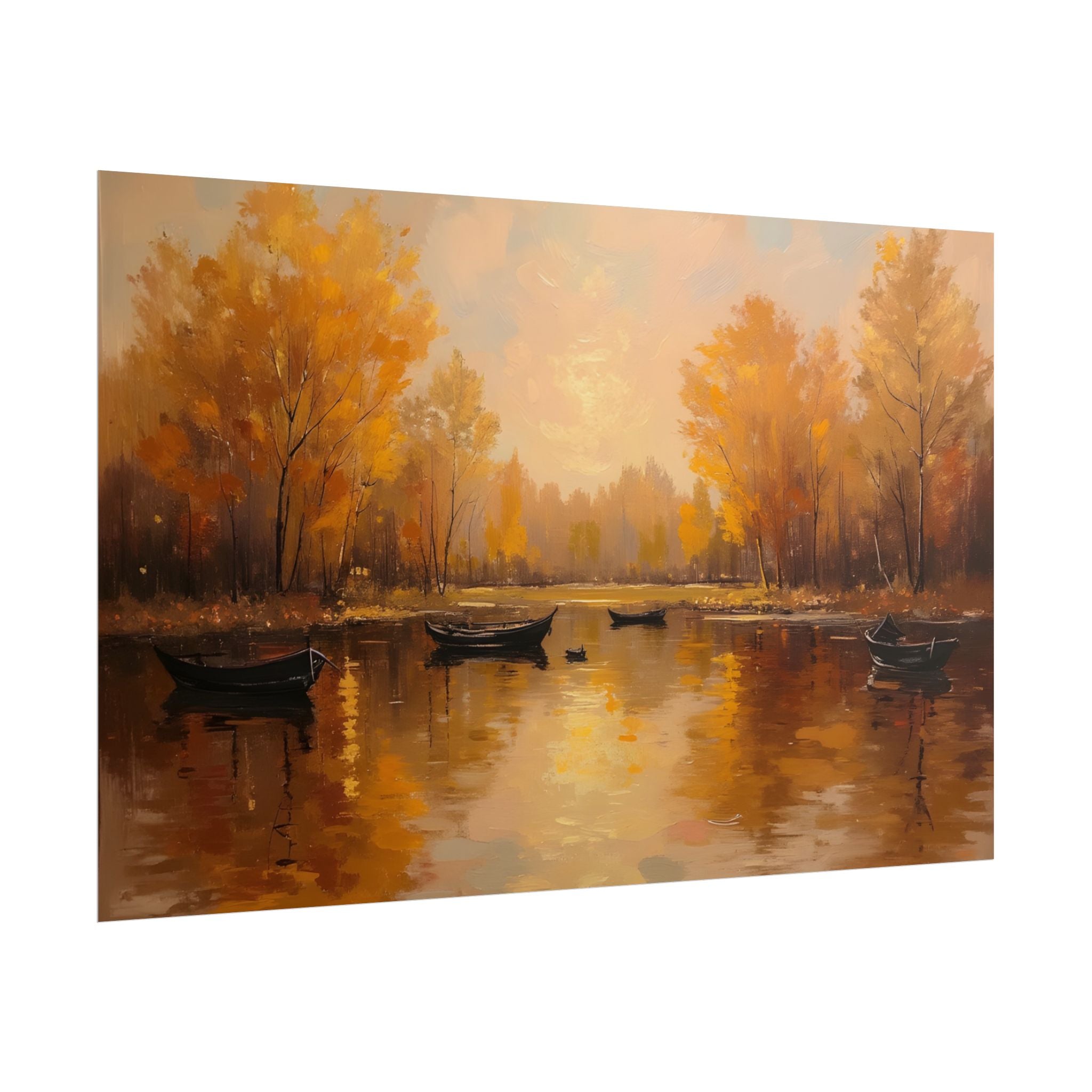 Autumn at the lake with rowboats - Poster