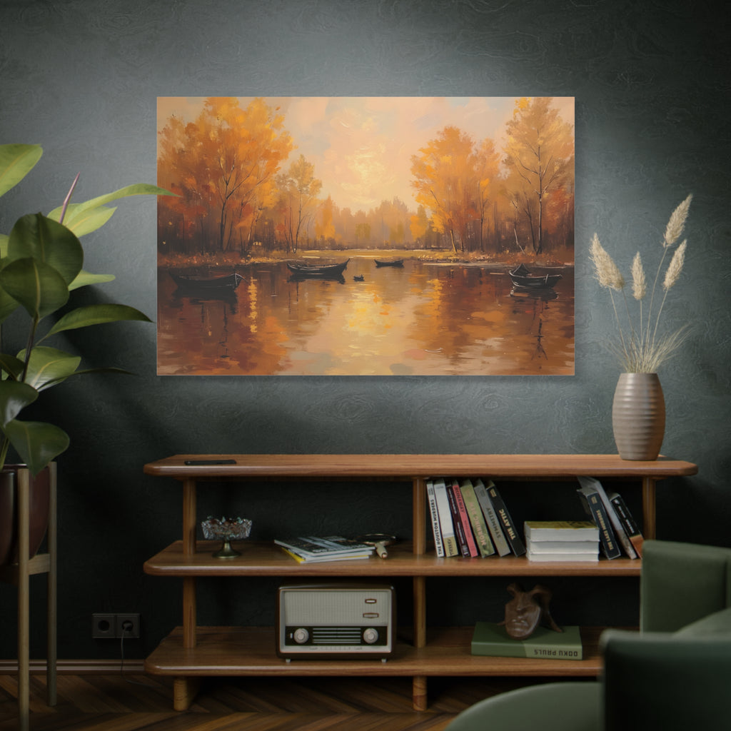 Autumn at the lake with rowboats Wall Art - Stretched Canvas