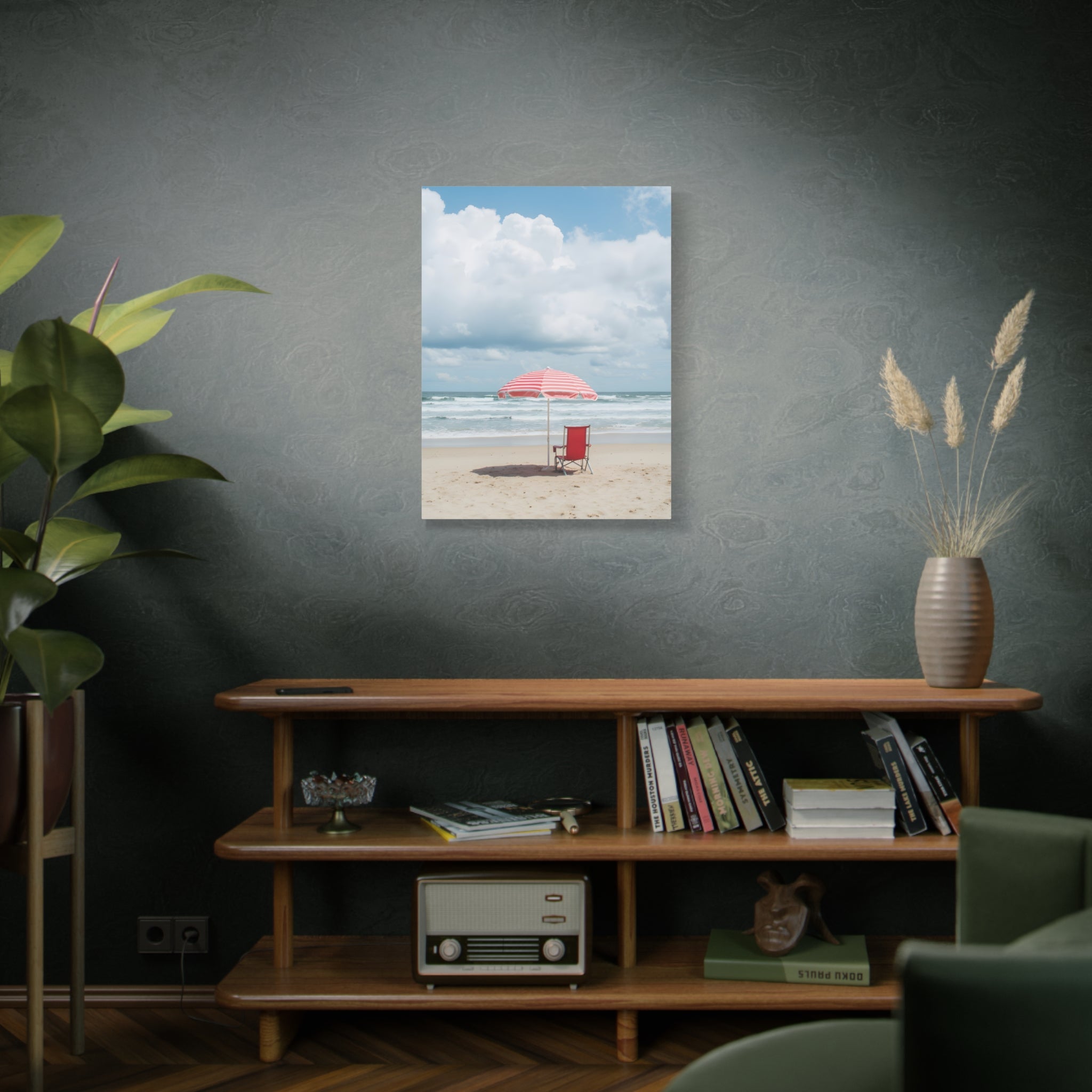 Sun-drenched beach memory with beach chair and umbrella Canvas Wall Art - Stretched Canvas
