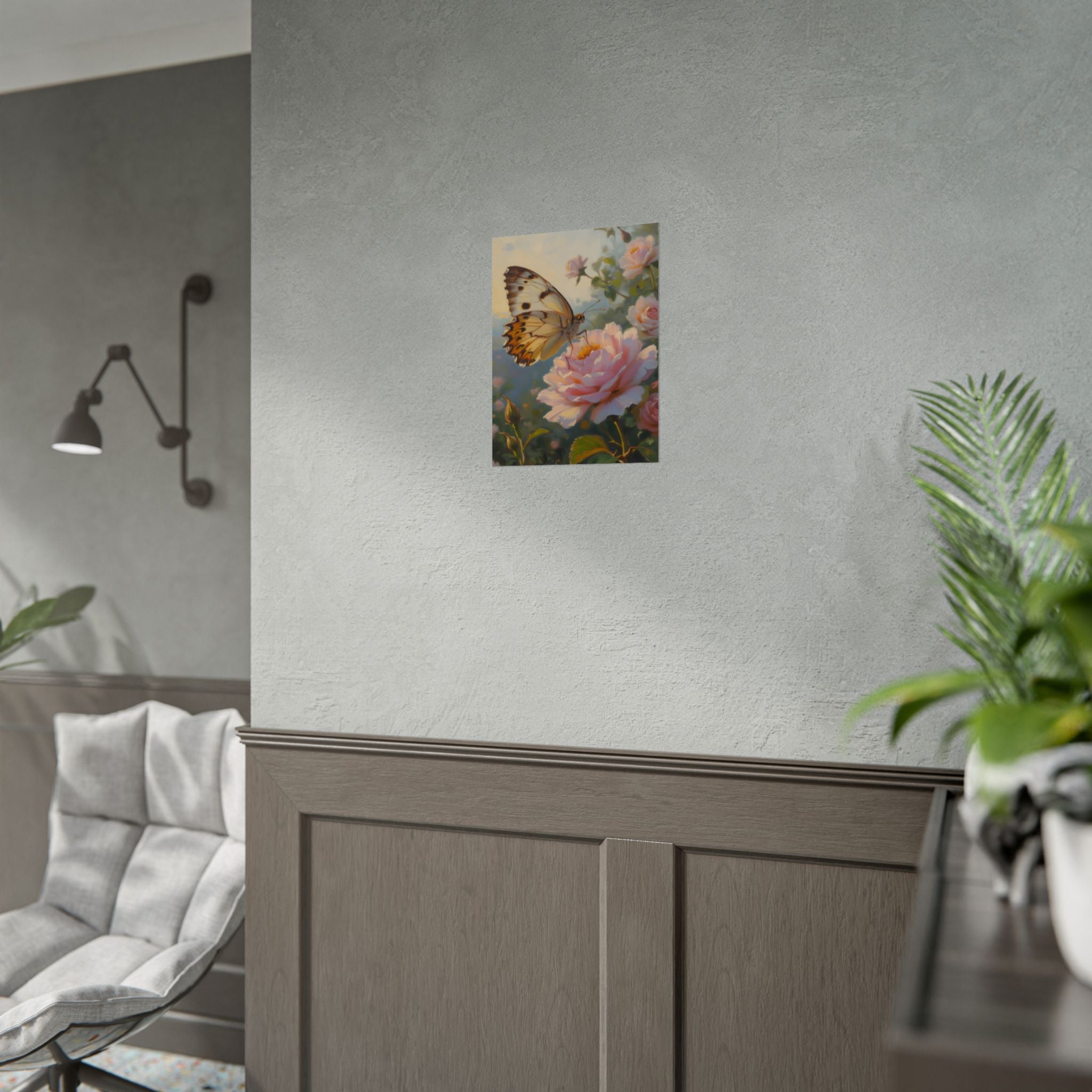 Butterfly on Pink Rose Wall Art - Poster