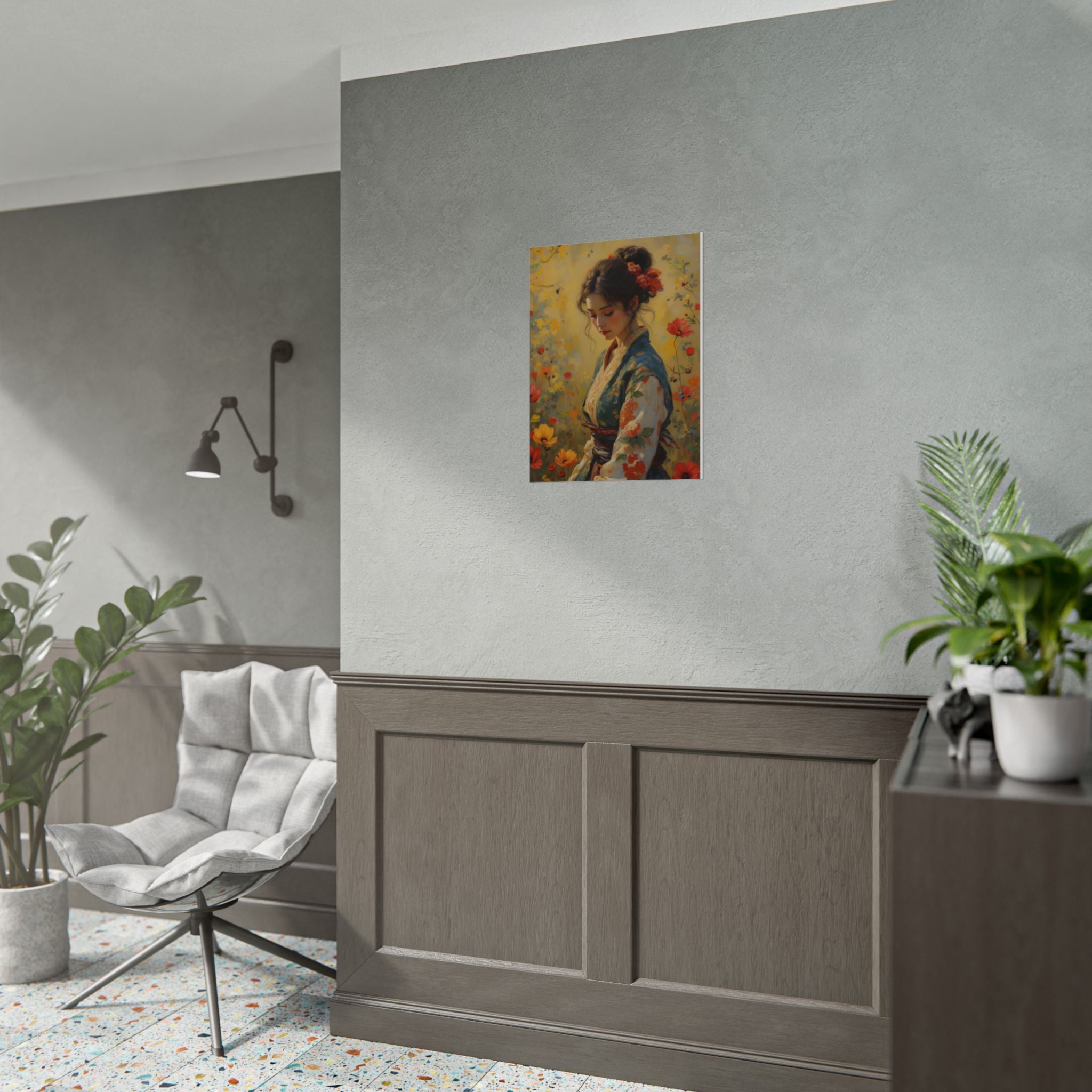 Aziatische bloemenprint dame muurdecoratie - poster 