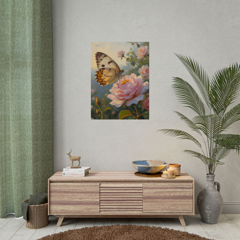 Butterfly on Pink Rose Wall Art - Poster