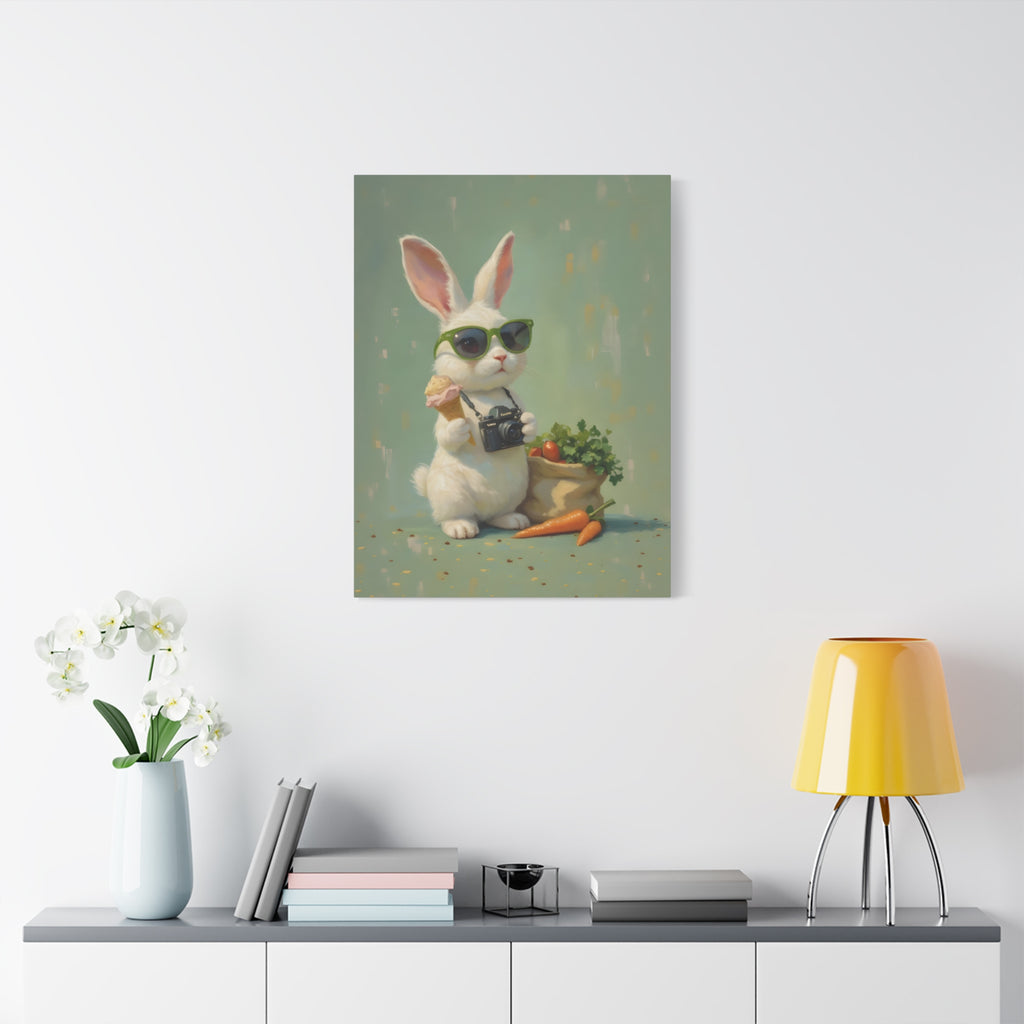 Green Bunny Canvas Wall Art — Photographer Bunny with Carrots & Ice Cream