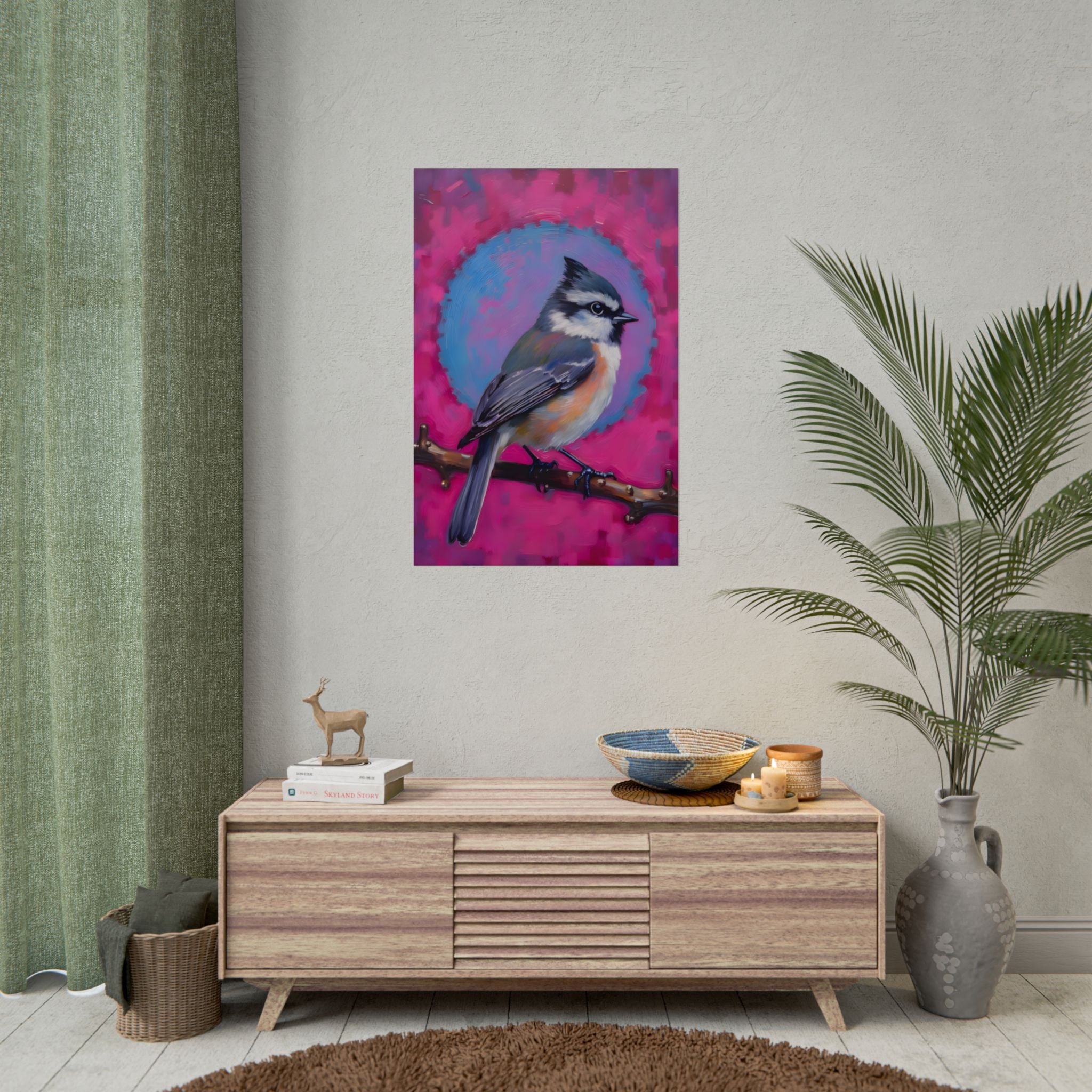 Kleurrijke Zangvogel Poster — Blauwe Gaai Kunstprint op Levendige Roze Achtergrond