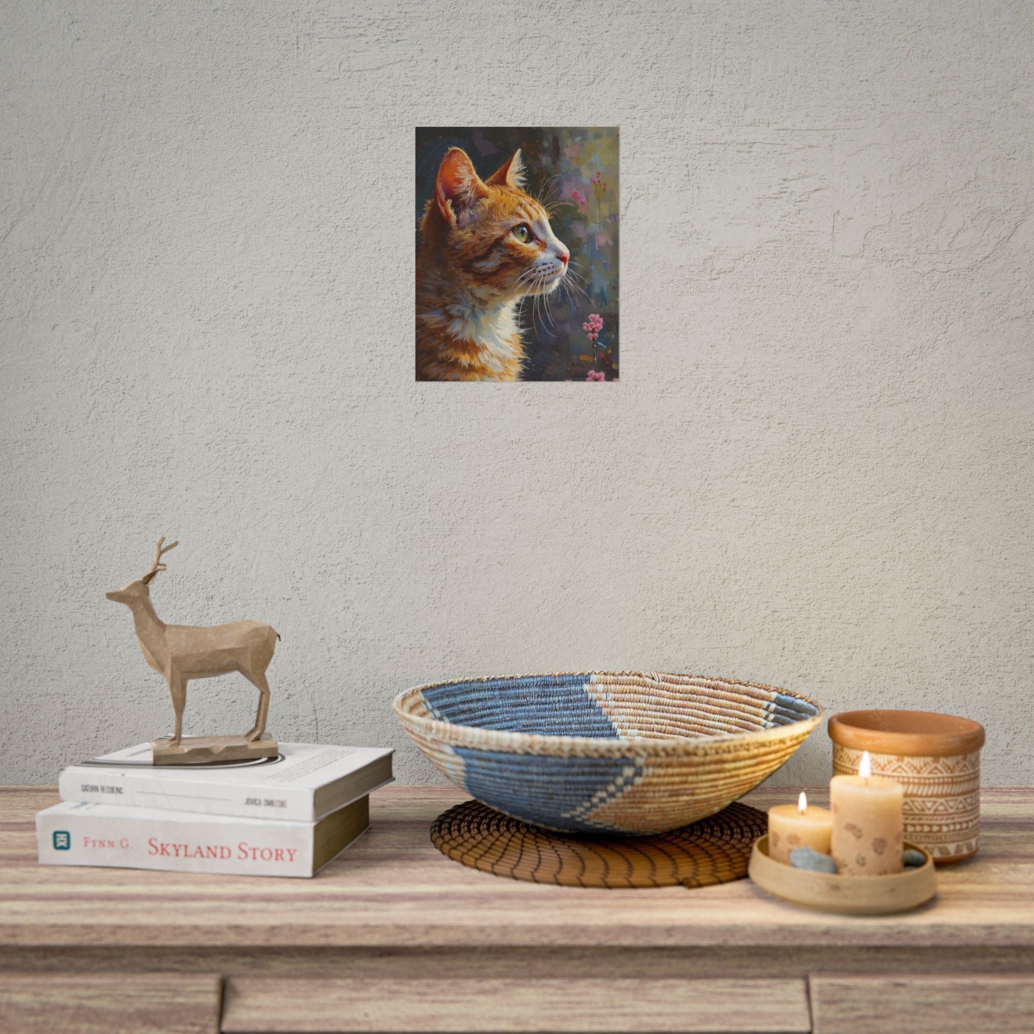 Oranje cyperse kat olieverf penseelstreek opgerolde poster