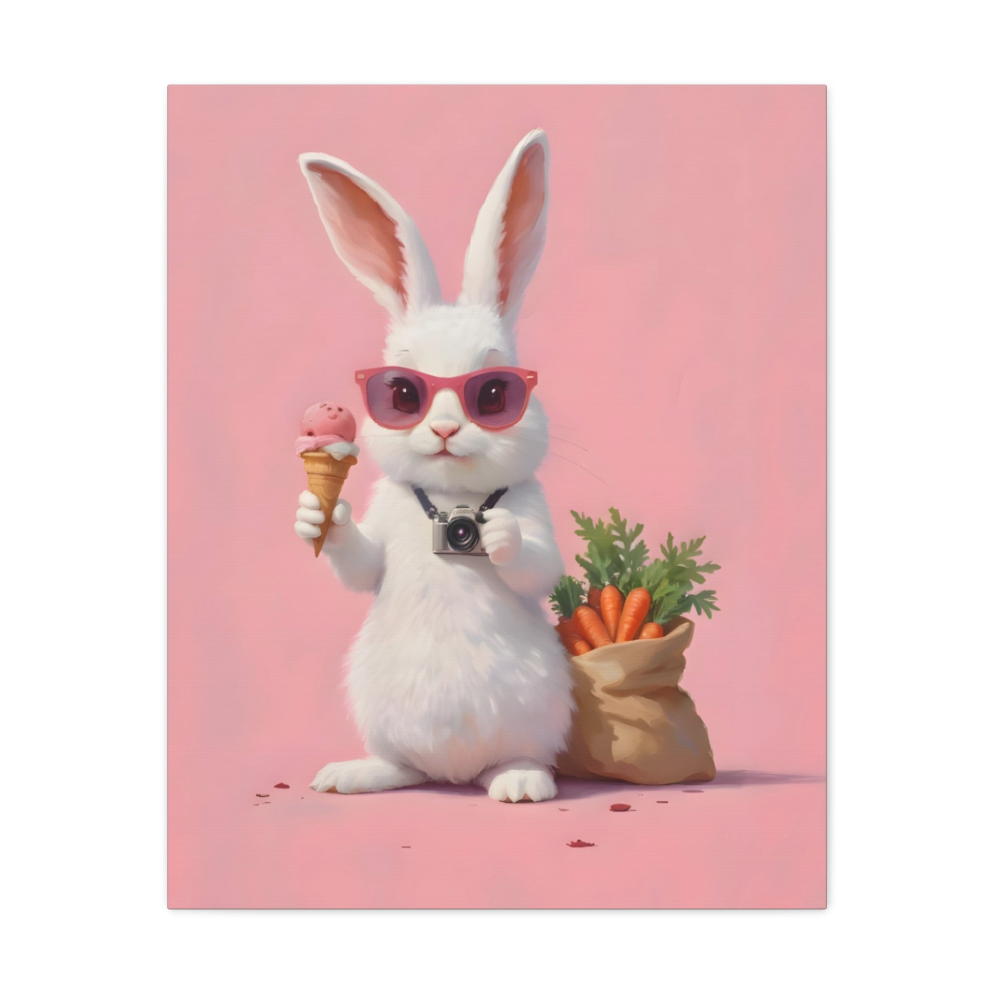 Pink Cute Bunny Canvas Wall Art — Cool Rabbit with Sunglasses, Ice Cream & Carrots (Matte Stretched)