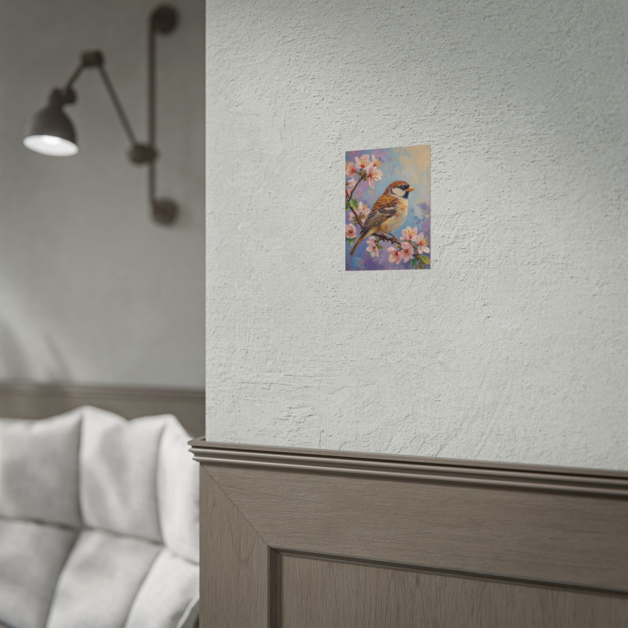 Bird on Blossom Rolled Poster — Spring Sparrow on Branch Wall Art Print