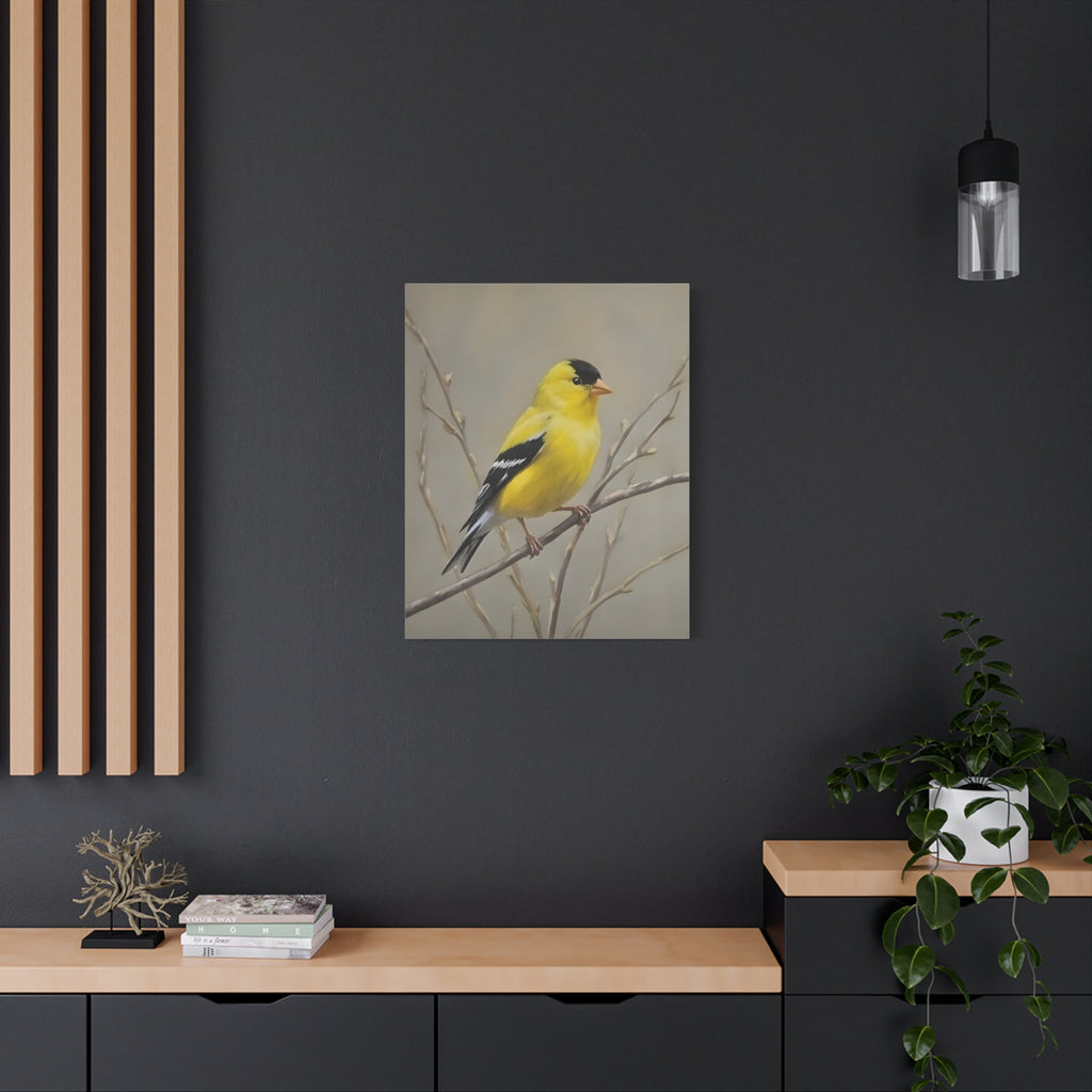 Putter Muurkunst Canvas — Gele Zangvogel Schilderij op Tak, Mat Gespannen Canvas