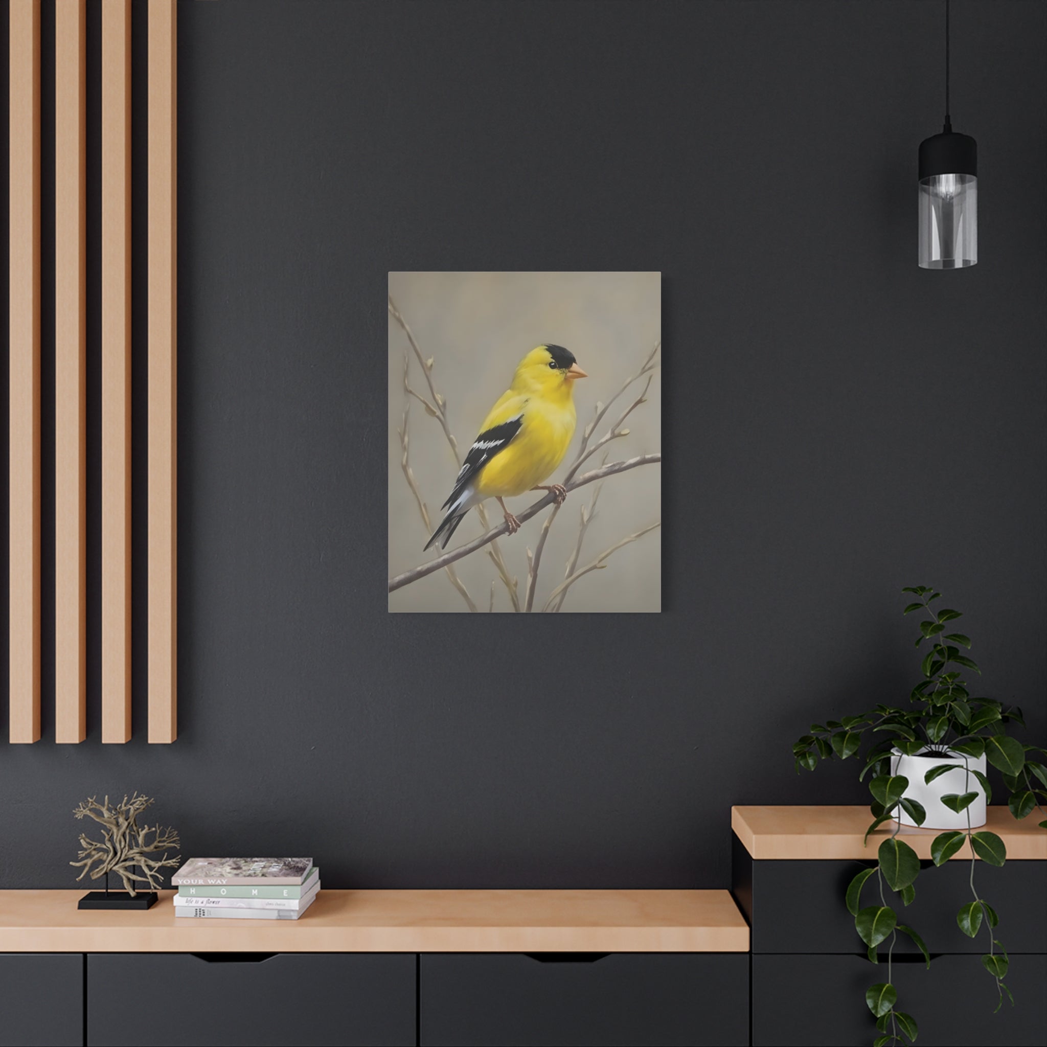 Putter Muurkunst Canvas — Gele Zangvogel Schilderij op Tak, Mat Gespannen Canvas