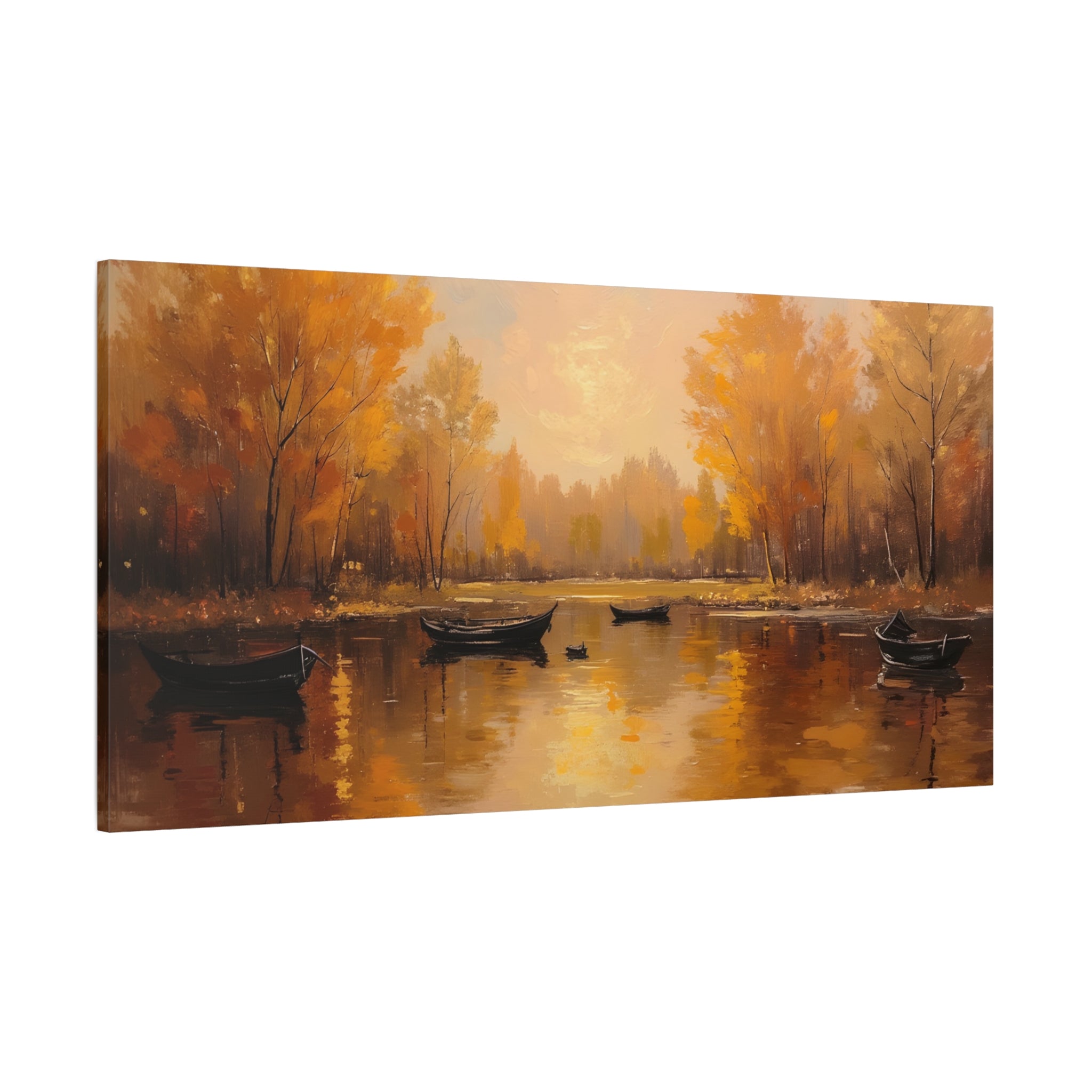Autumn at the lake with rowboats Wall Art - Stretched Canvas