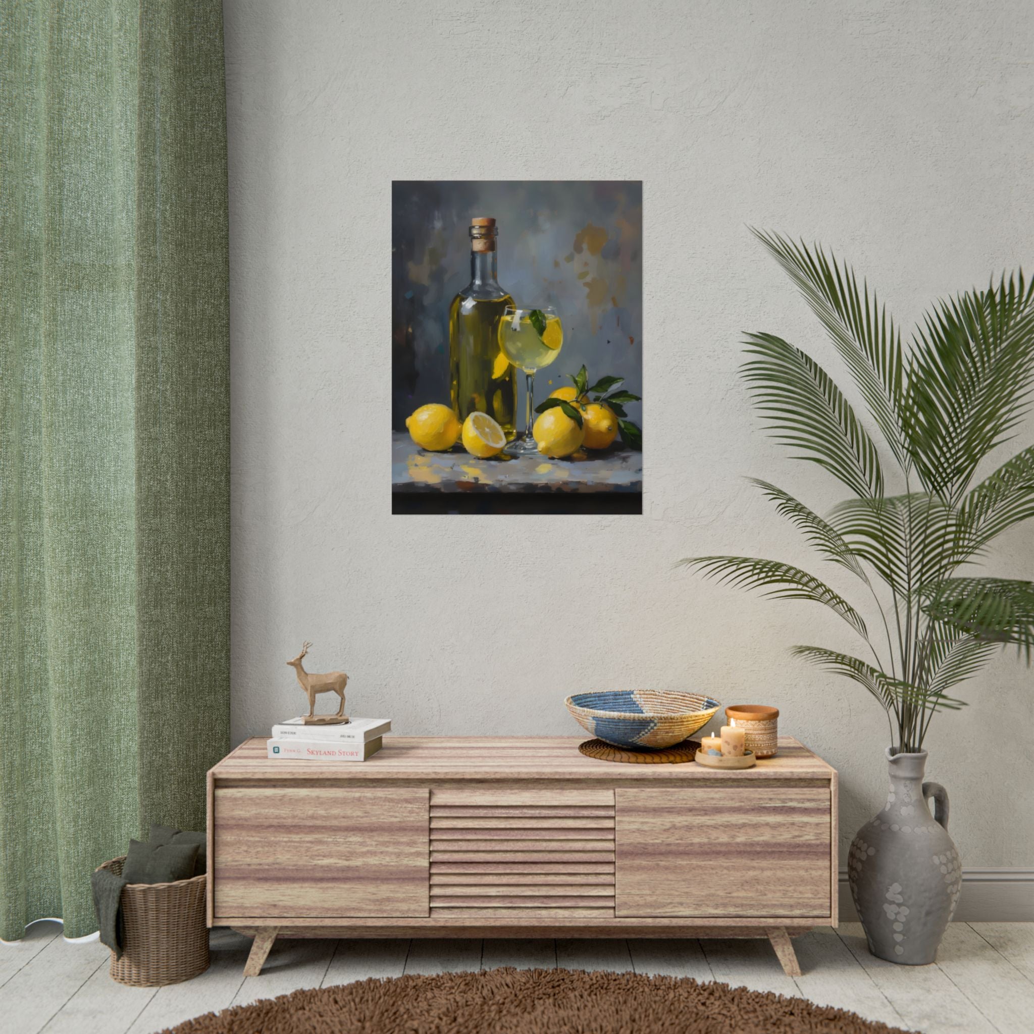 Limoncello met citroenen stilleven opgerolde poster – Citrusfles kunstafdruk