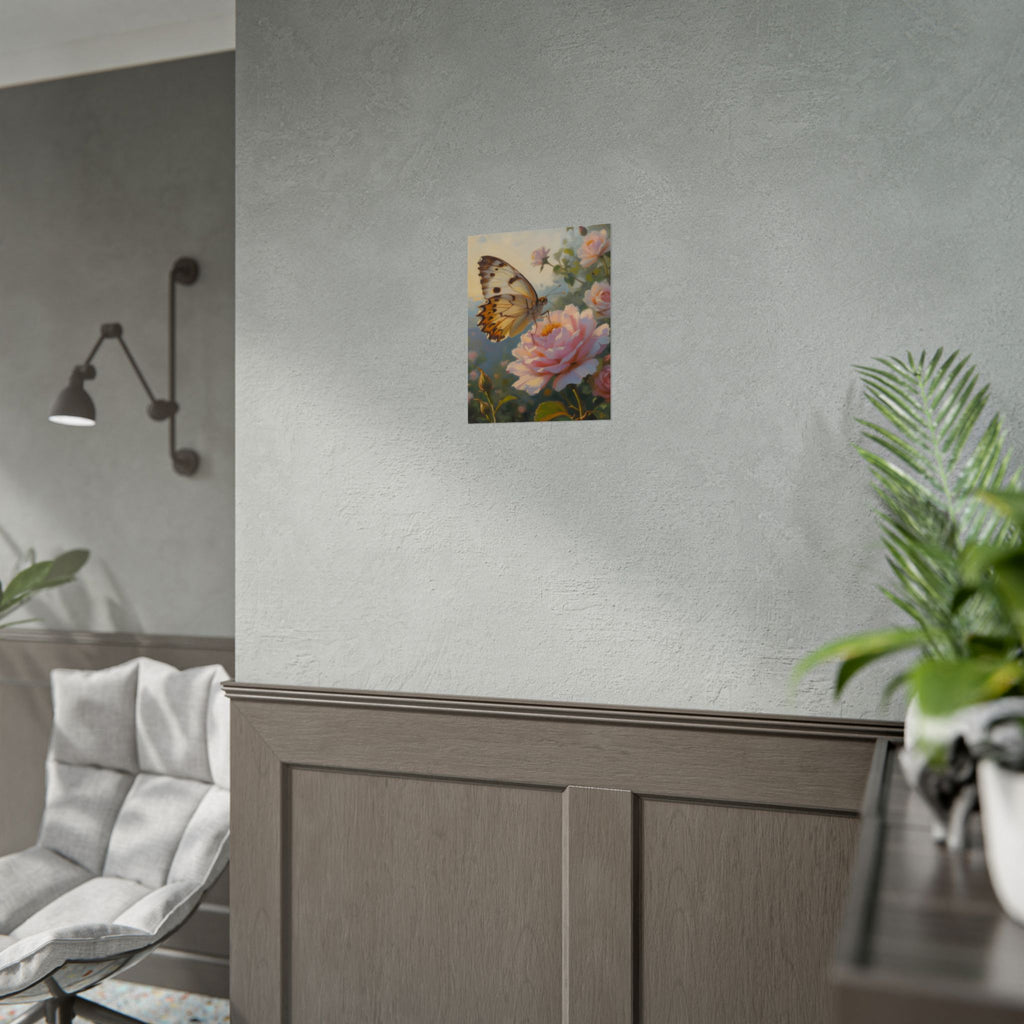 Butterfly on Pink Rose Wall Art - Poster