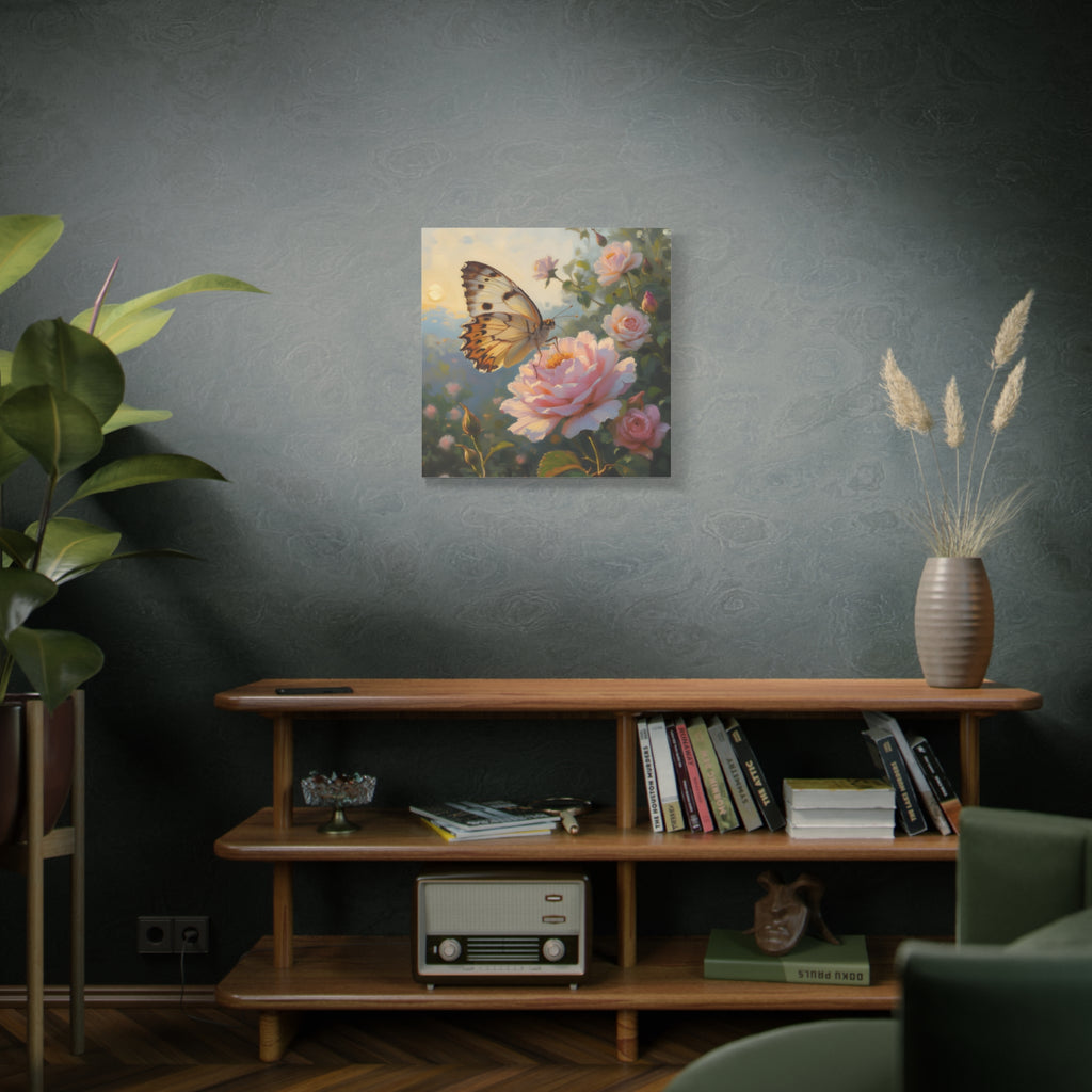 Butterfly on Pink Rose Wall Art - Stretched Canvas