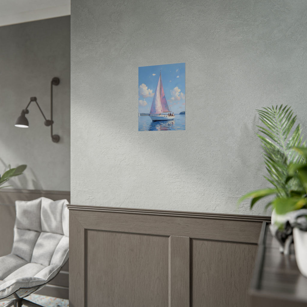Sailing boat on calm water with pink accents - Poster