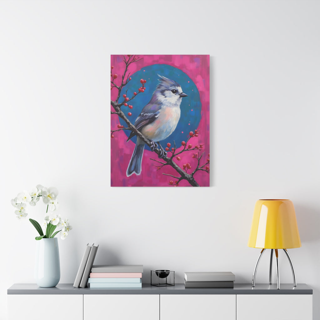 Blue jay on a holly branch Wall Art - Stretched Canvas