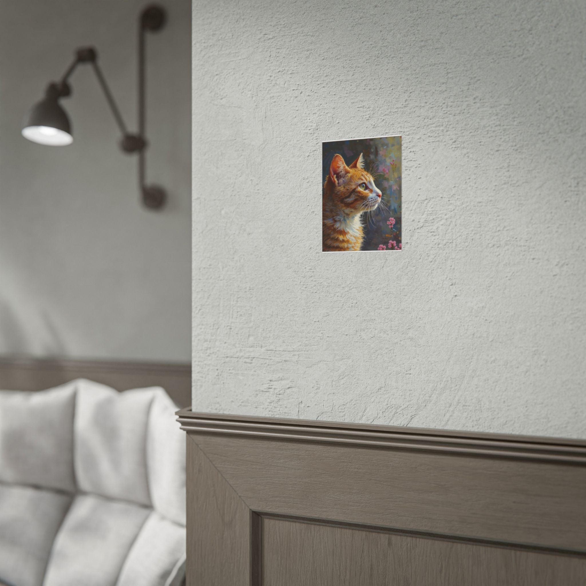 Oranje cyperse kat olieverf penseelstreek opgerolde poster