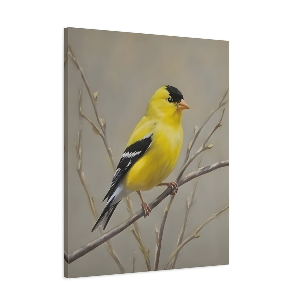 Putter Muurkunst Canvas — Gele Zangvogel Schilderij op Tak, Mat Gespannen Canvas