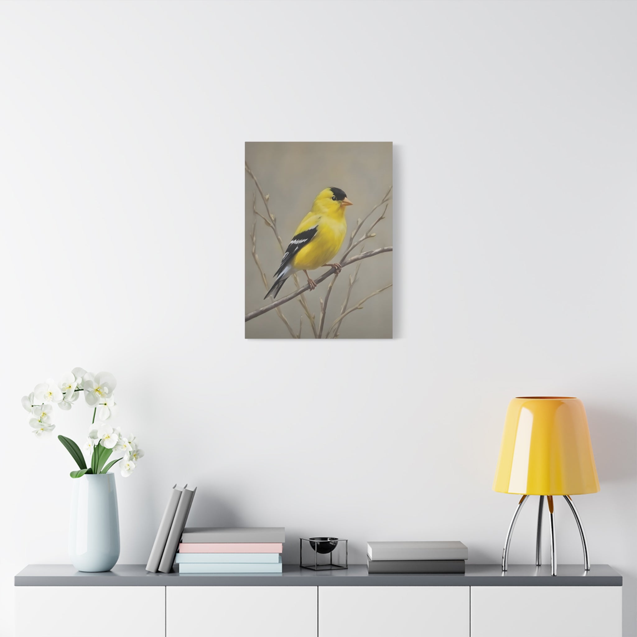 Putter Muurkunst Canvas — Gele Zangvogel Schilderij op Tak, Mat Gespannen Canvas