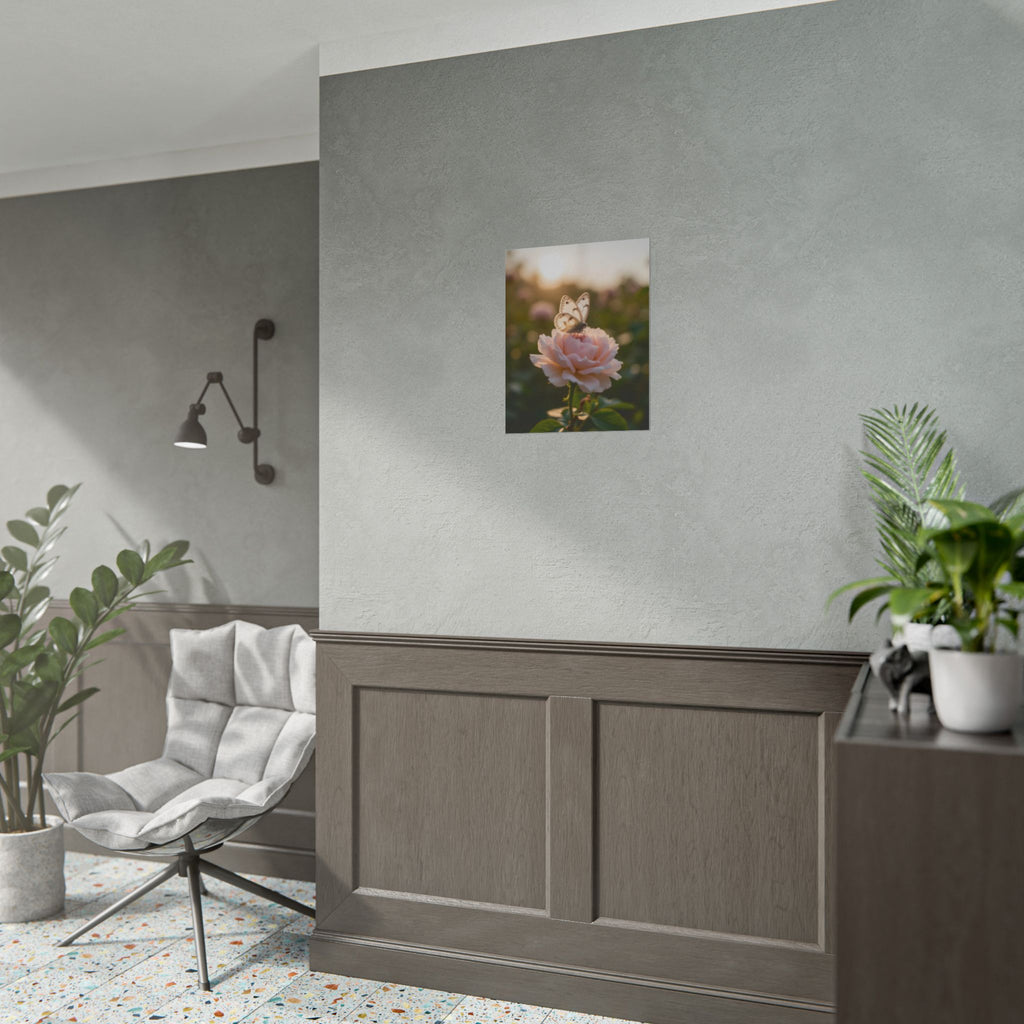 Butterfly on Pink Rose Wall Art - Poster