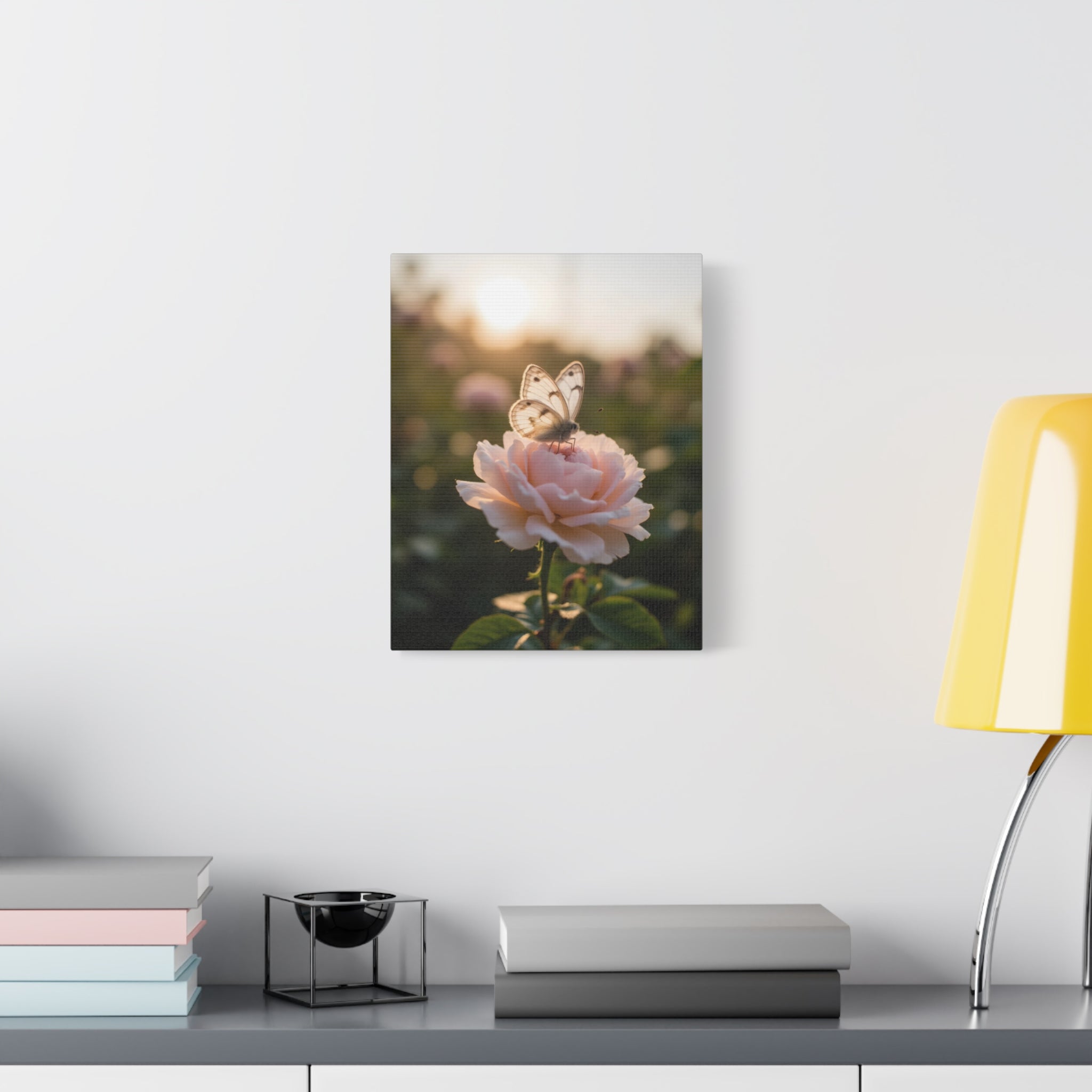 Butterfly on Pink Rose Wall Art - Stretched Canvas