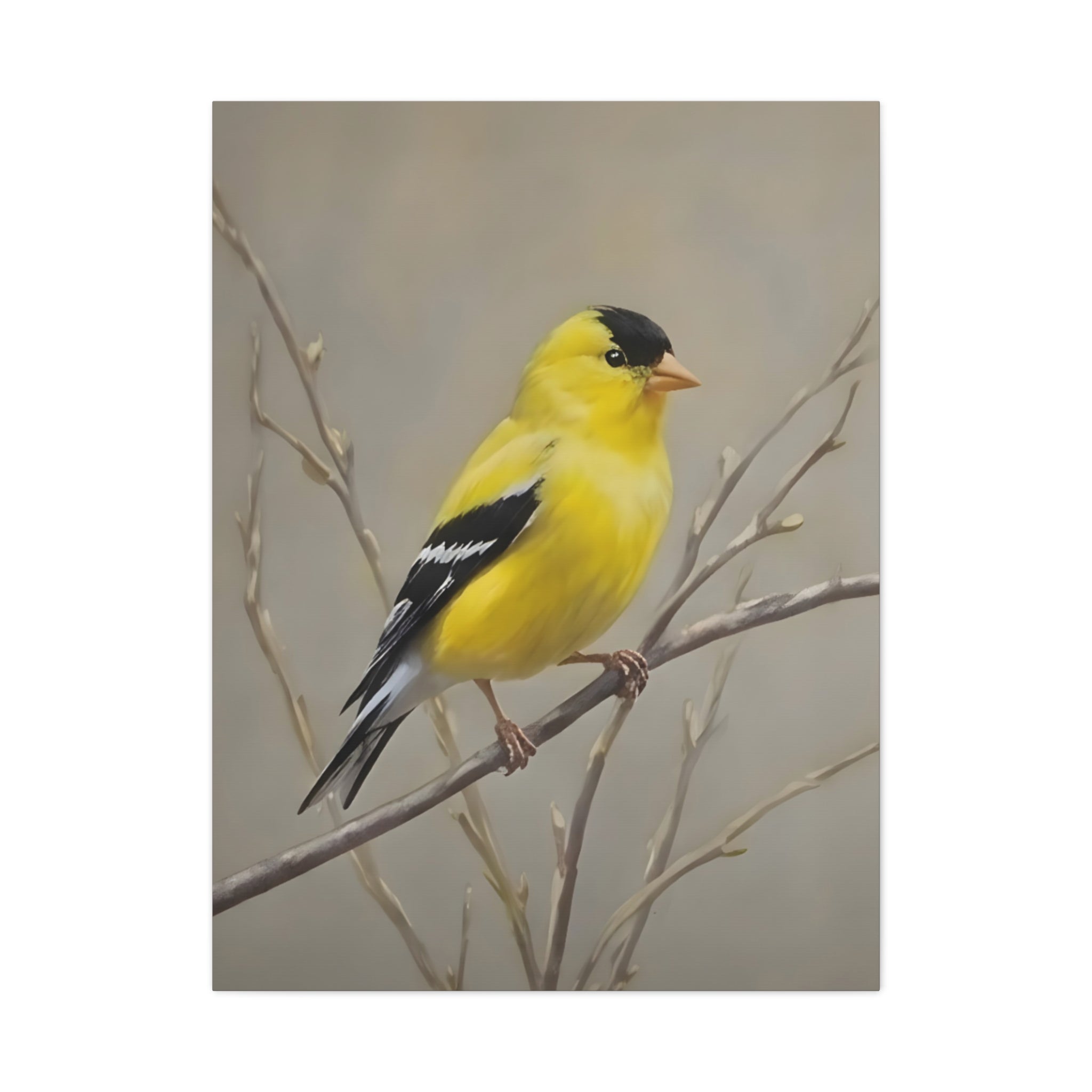 Goldfinch Wall Art Canvas — Yellow Songbird Painting on Branch, Matte Stretched Canvas