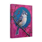 Blue jay on a holly branch Wall Art - Stretched Canvas