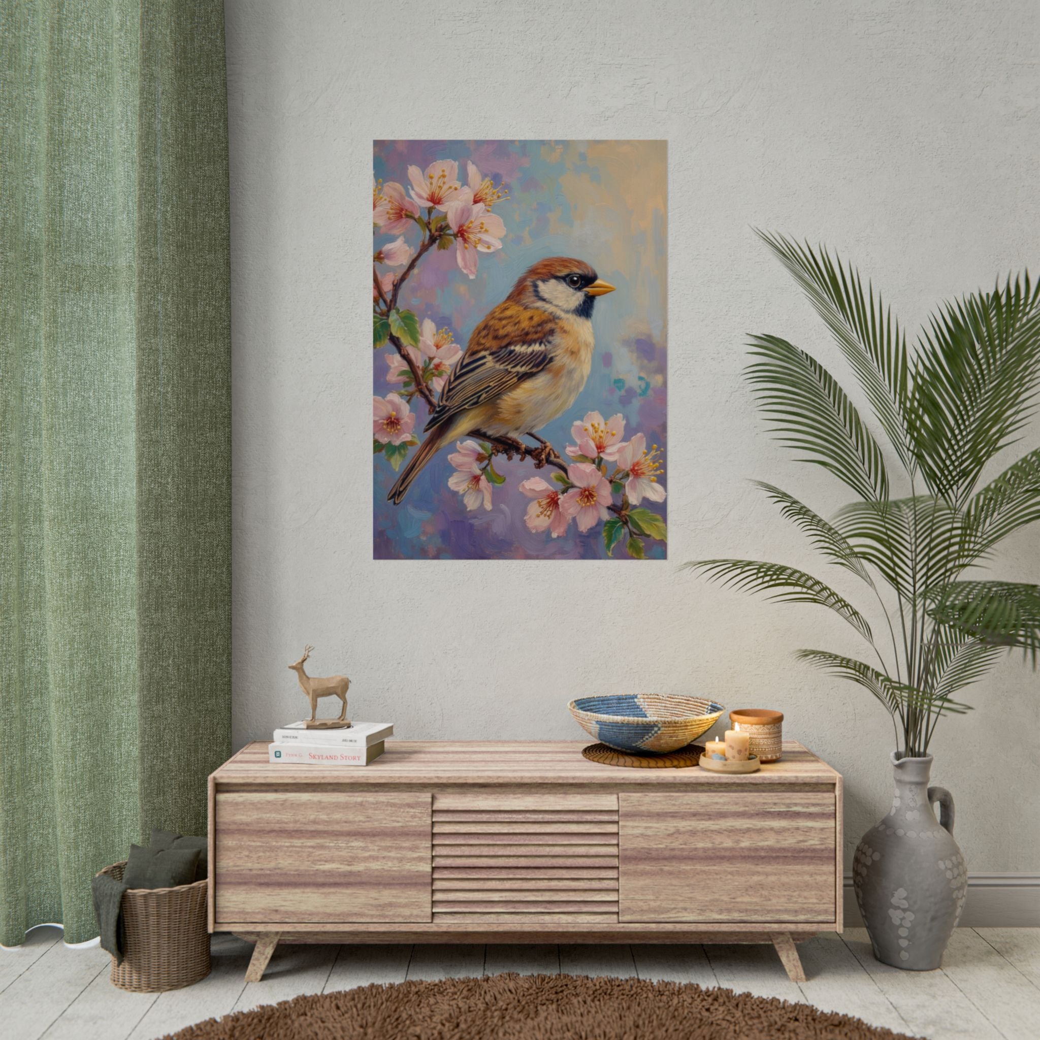 Bird on Blossom Rolled Poster — Spring Sparrow on Branch Wall Art Print