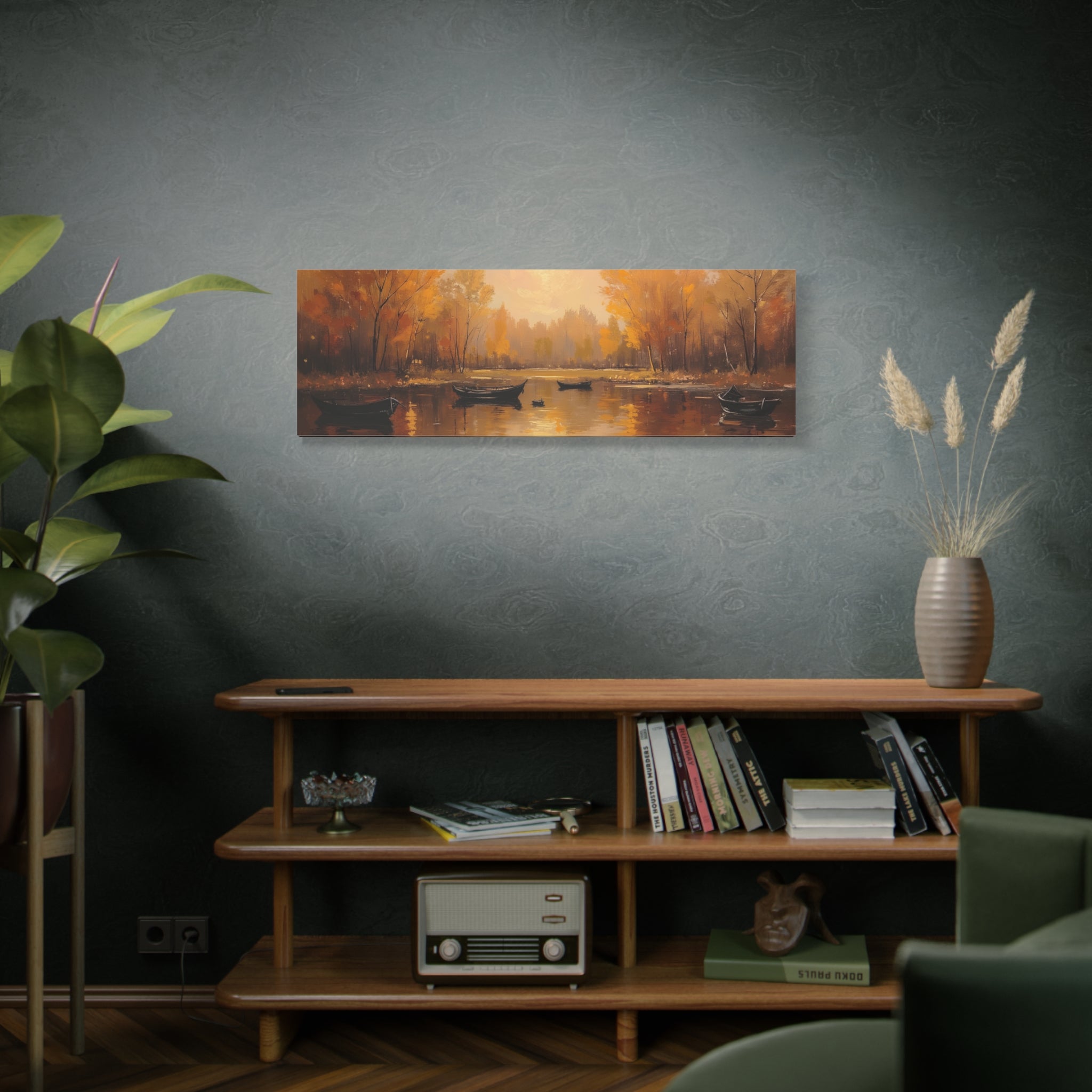 Autumn at the lake with rowboats Wall Art - Stretched Canvas