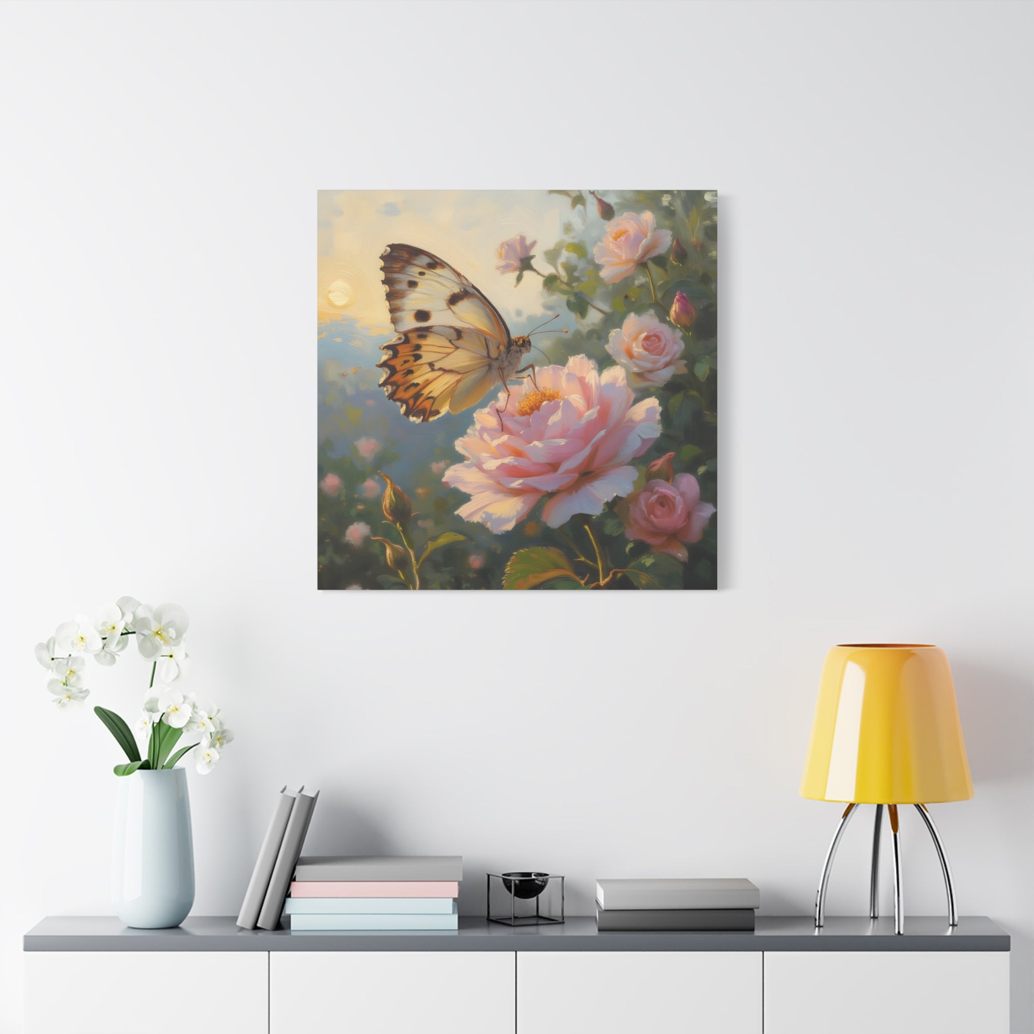 Butterfly on Pink Rose Wall Art - Stretched Canvas
