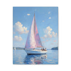 Sailing boat on calm water with pink accents Wall Art - Stretched Canvas
