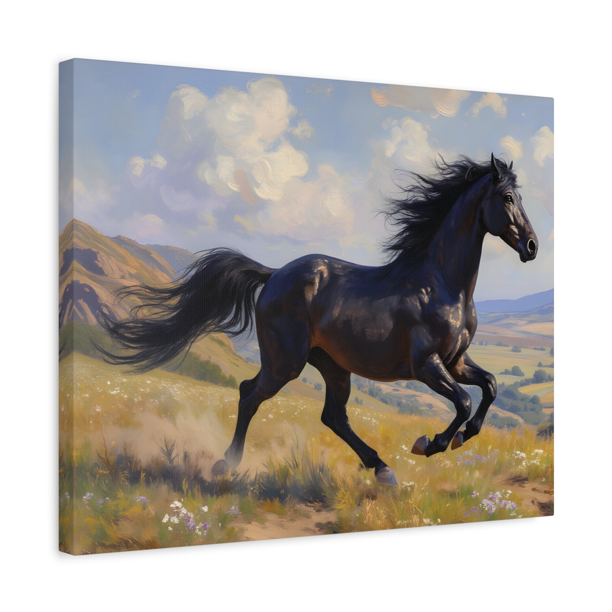 Running Black Stallion Wall Art - Horse Painting - Stretched Canvas