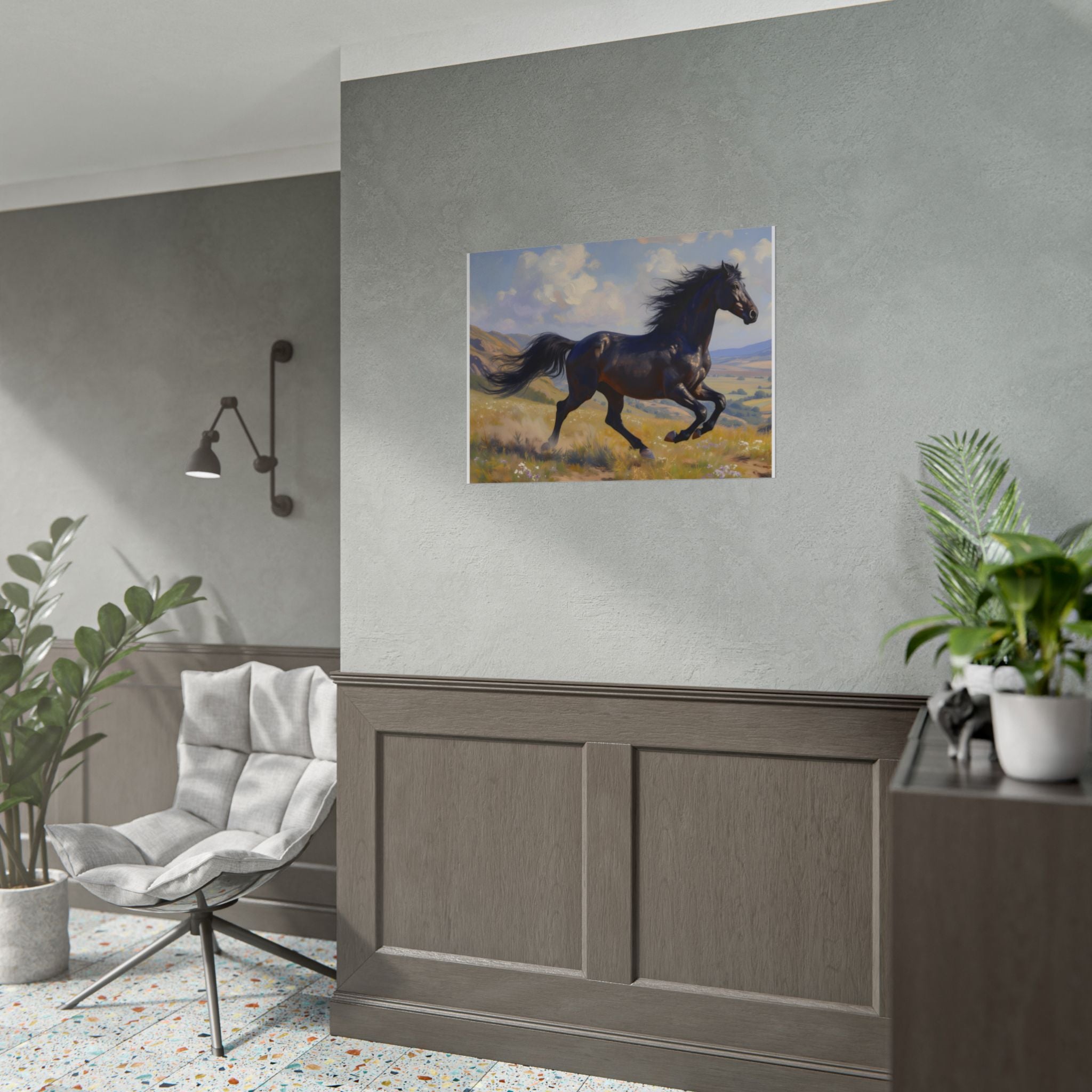 Running Black Stallion Wall Art - Horse Painting - Poster