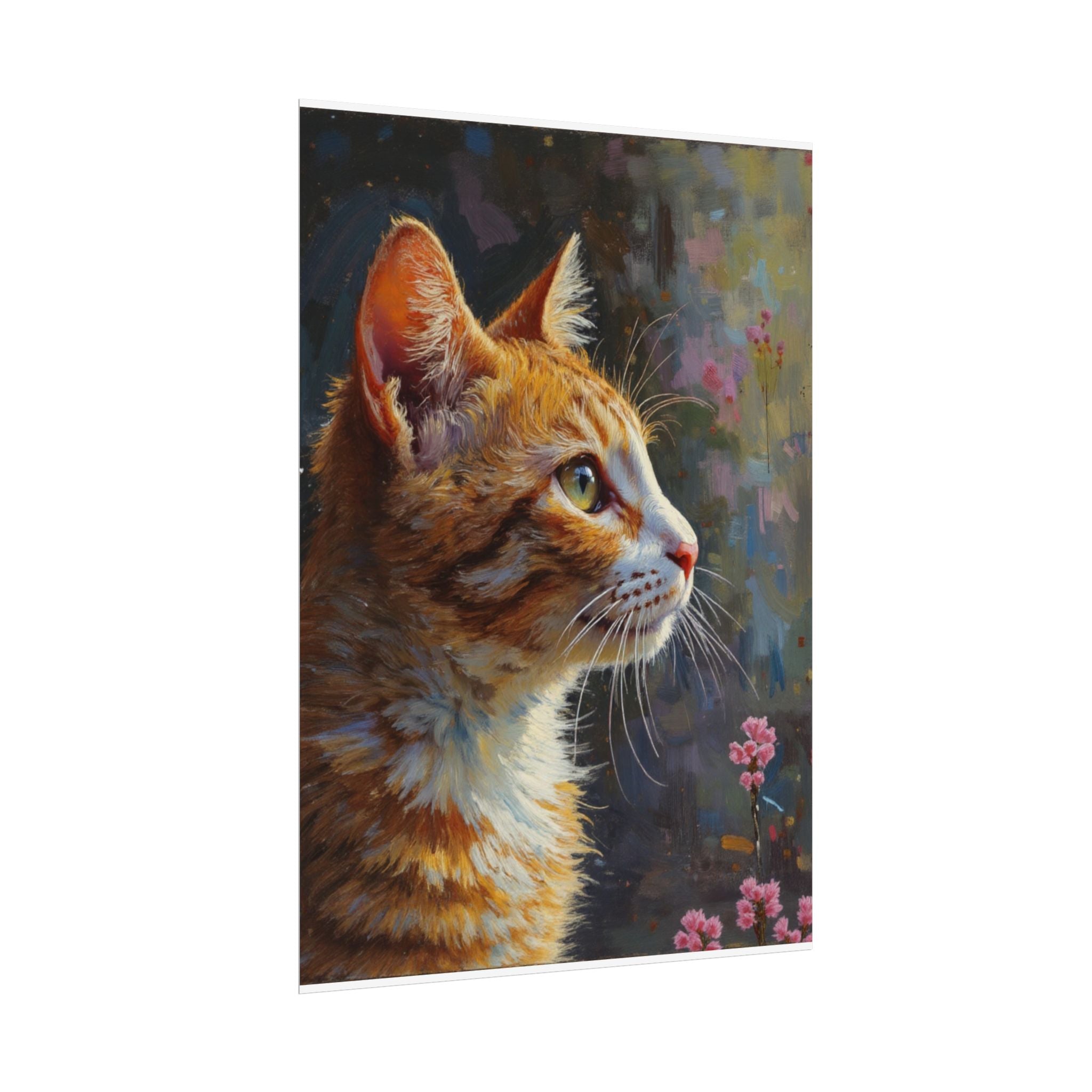 Oranje cyperse kat olieverf penseelstreek opgerolde poster