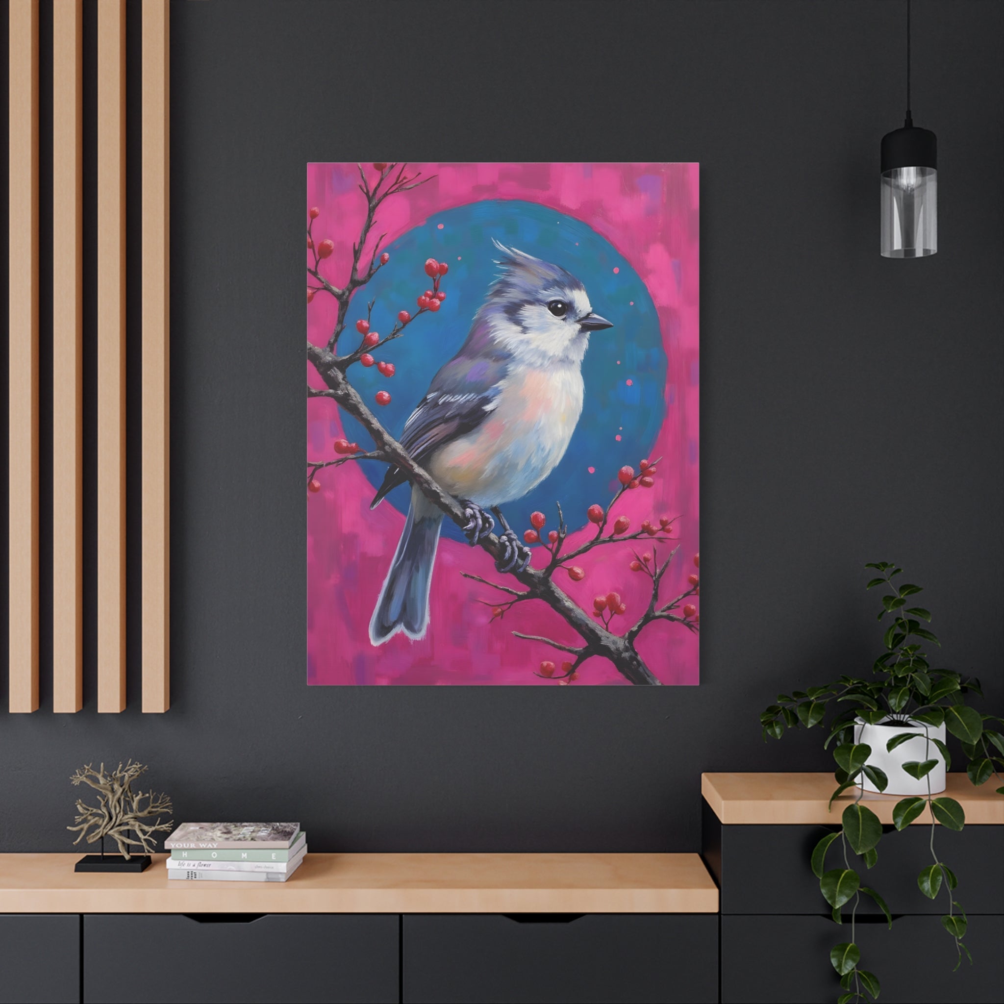 Blue jay on a holly branch Wall Art - Stretched Canvas